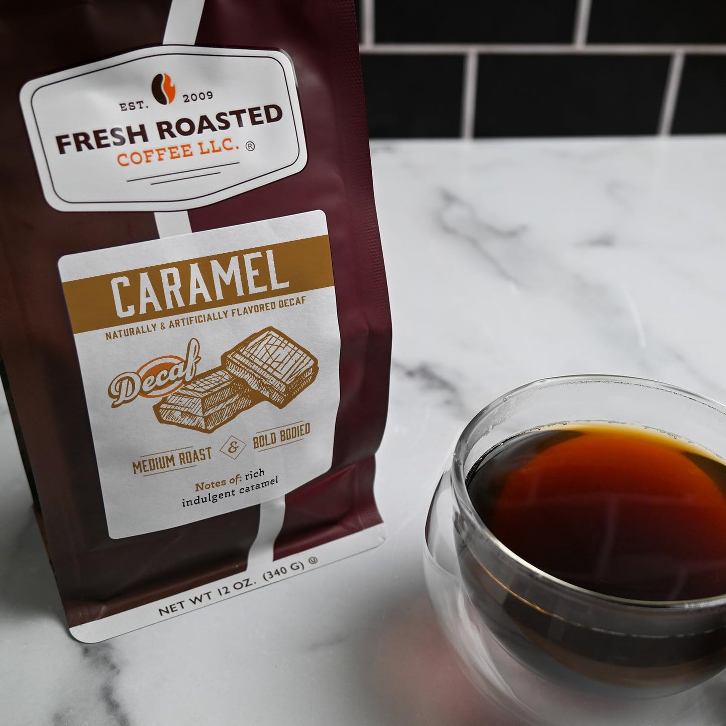 Fresh Roasted Coffee Decaf Caramel Flavored Whole Bean, Medium Roast, 12 oz, Kosher