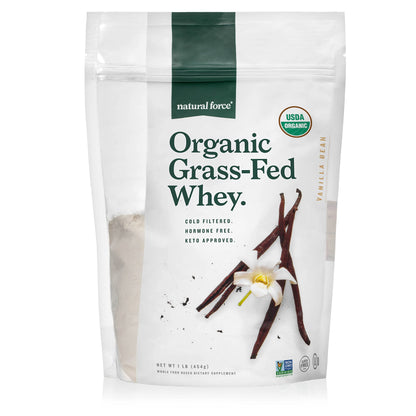 Natural Force Grass Fed Organic Whey Protein Powder - Non GMO Verified, Humane Certified & Lab Tested for Toxins - Real Vanilla 