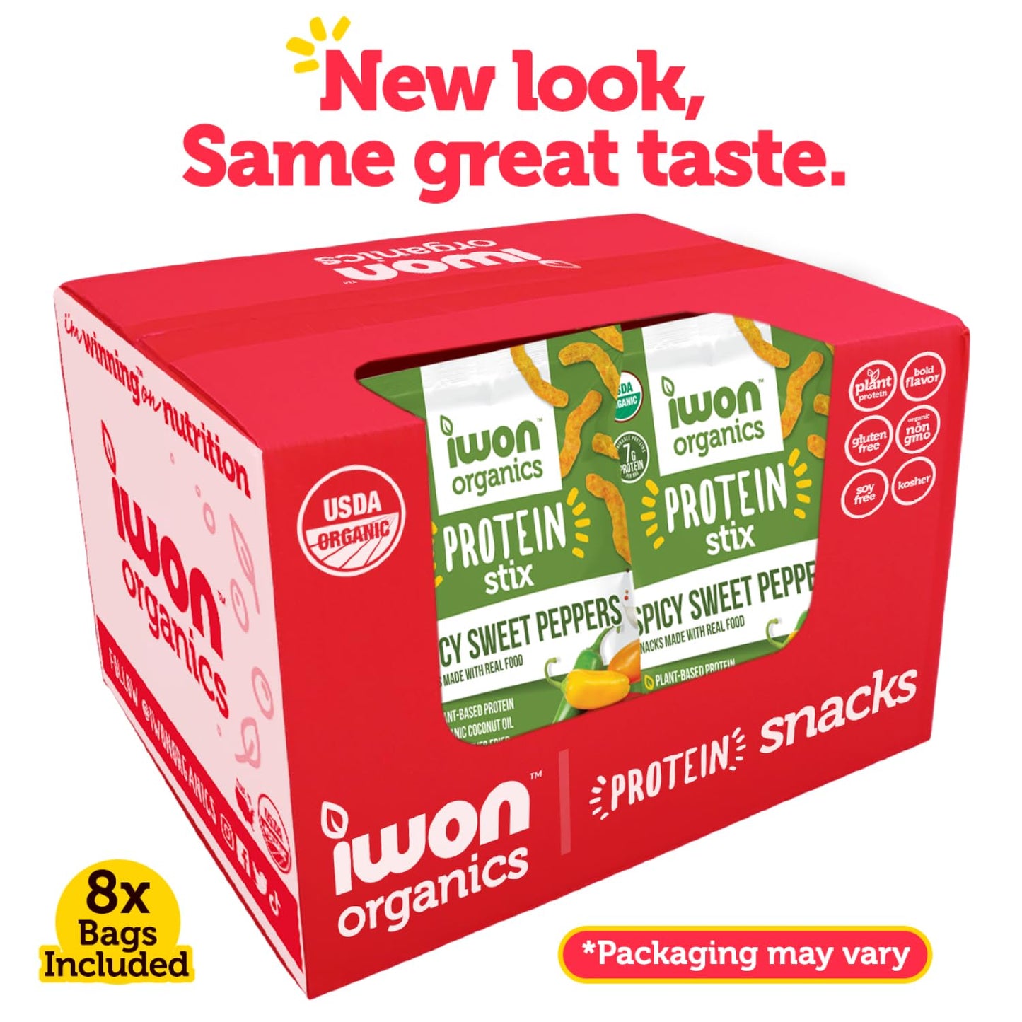 IWON Organics Spicy Sweet Pepper Flavor Snack Stix, High Protein and Organic Healthy Snacks, 8 Bags, 1.5 Ounce