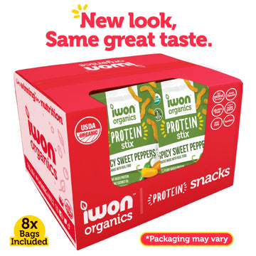 IWON Organics Spicy Sweet Pepper Flavor Snack Stix, High Protein and Organic Healthy Snacks, 8 Bags, 1.5 Ounce