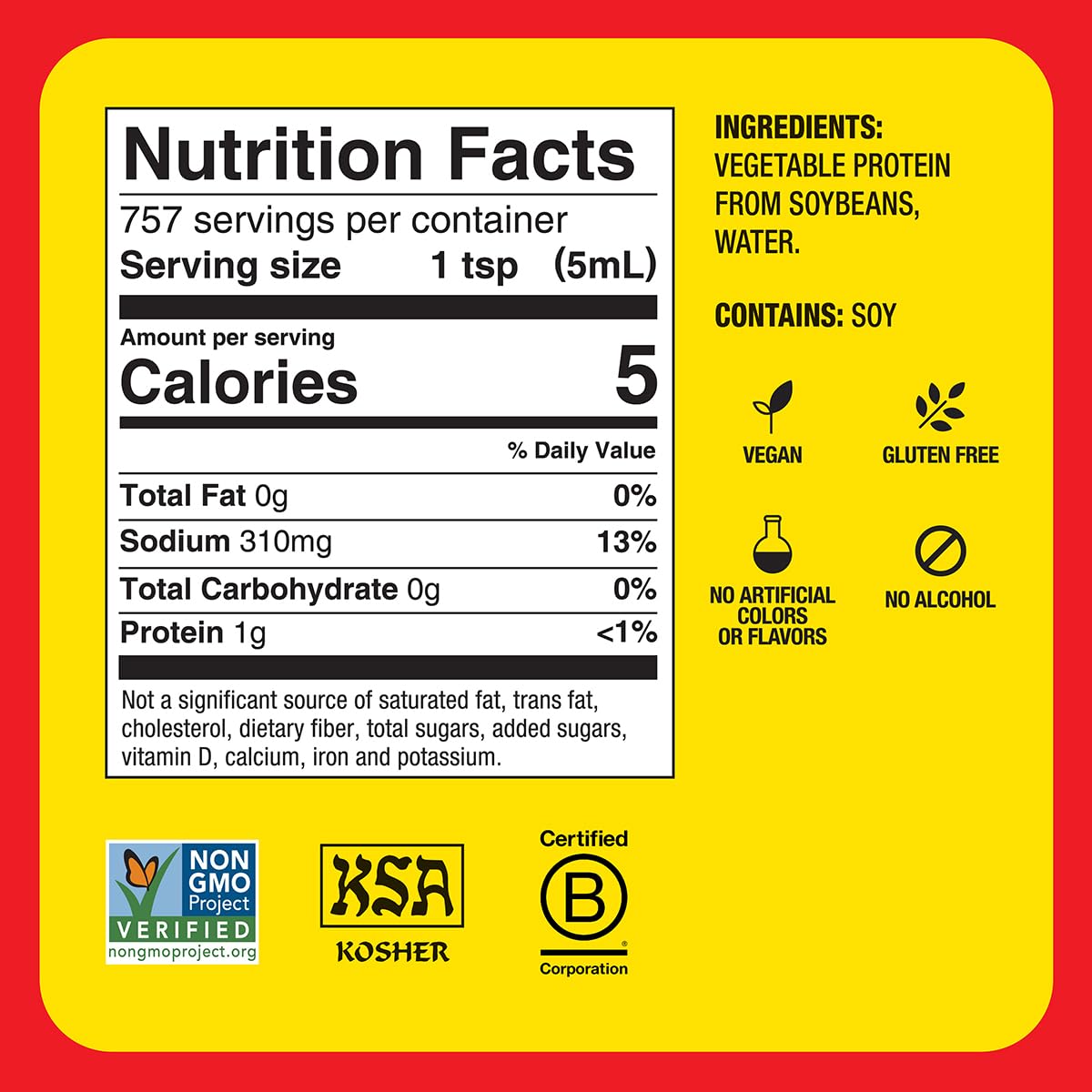 Bragg Liquid Aminos All Purpose Seasoning - Soy Sauce Alternative - Gluten Free, No GMOs, Kosher Certified, 1 Gallon