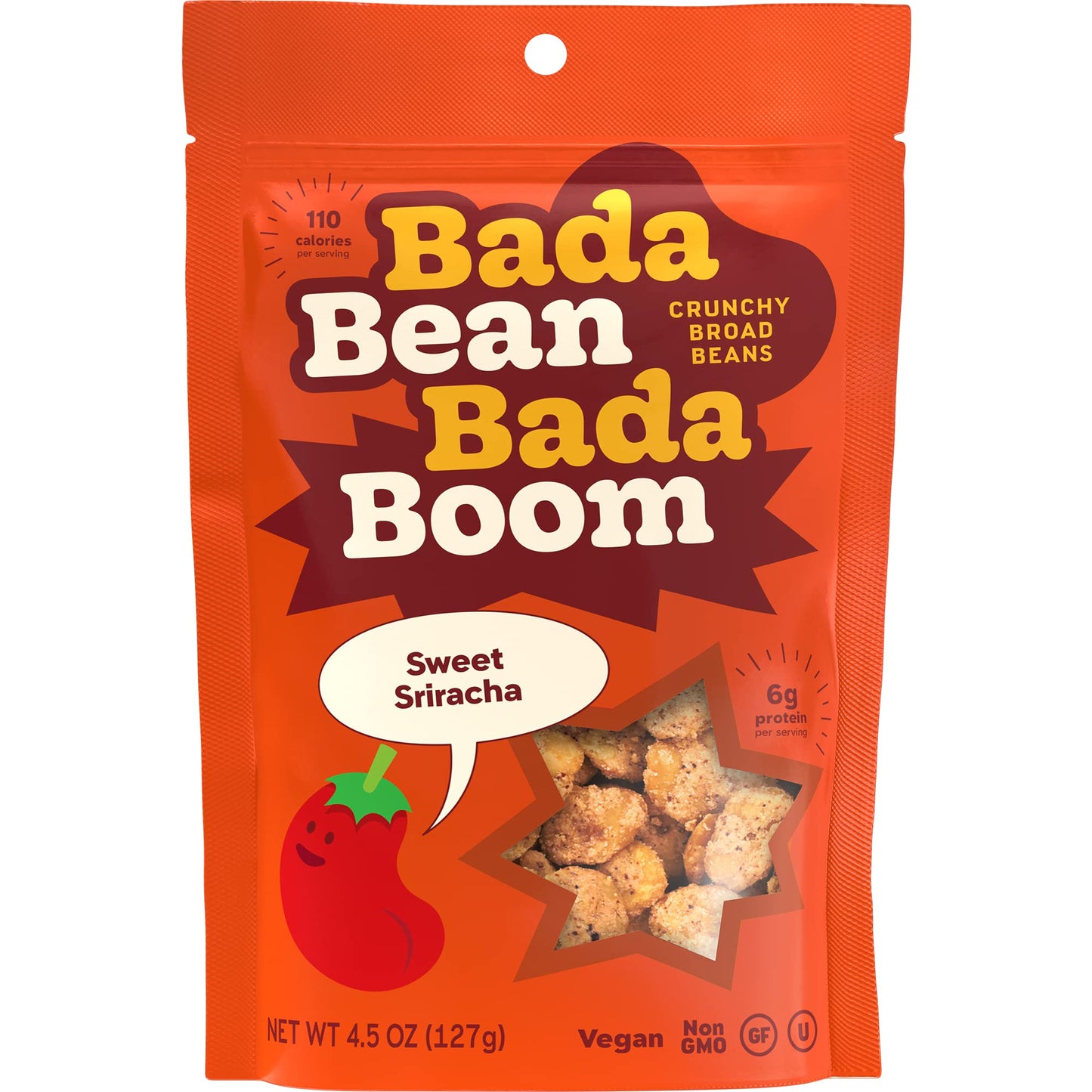 Bada Bean Bada Boom - Plant-Based Protein, Gluten Free, Vegan, Crunchy Roasted Broad (Fava) Bean Snacks, 110 Calories per Serving, Sweet Sriracha, 4.5 Ounce (Pack of 6)