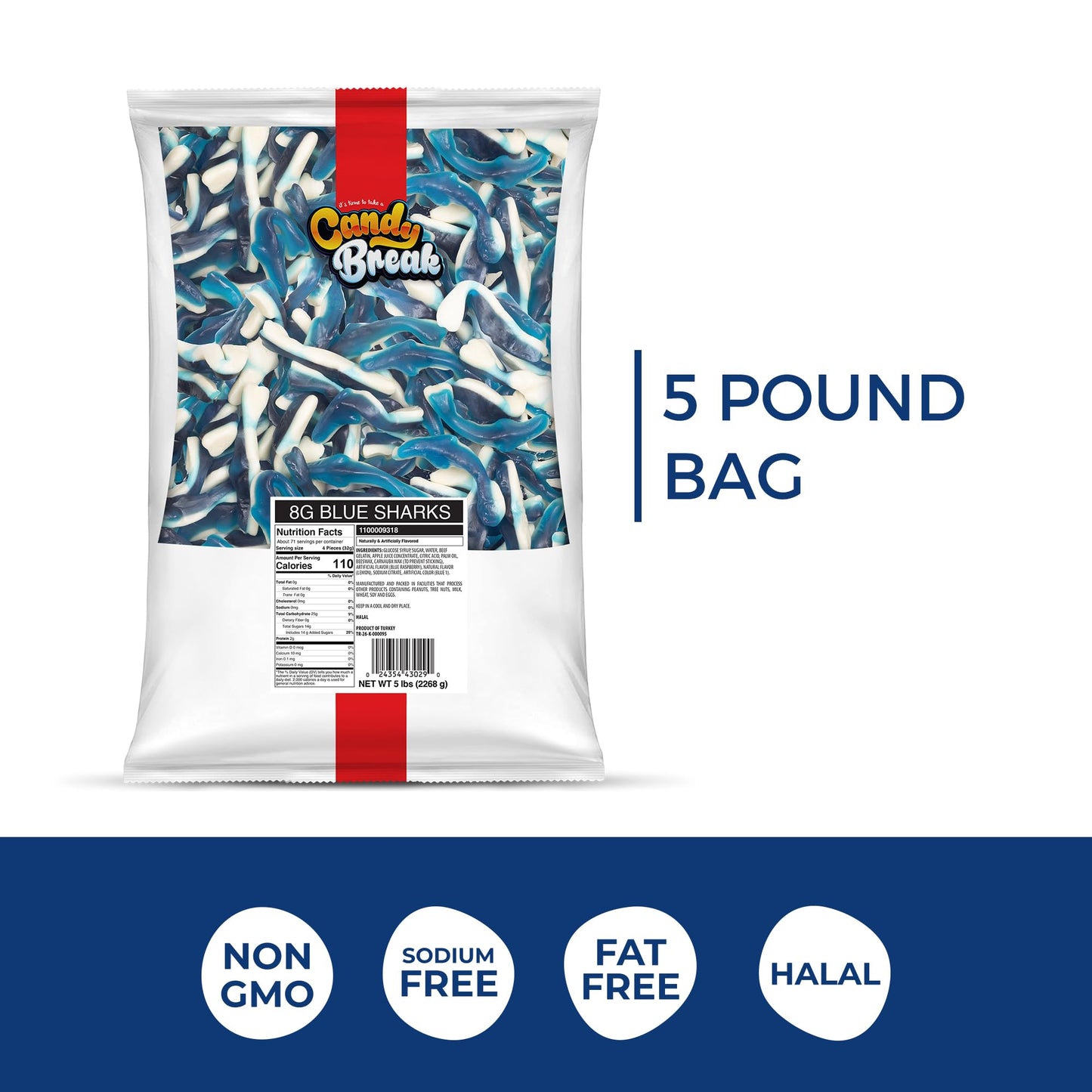 CANDY BREAK Fruity & Sweet Blue Sharks Gummy Candy - 5 lb Share Size Bag