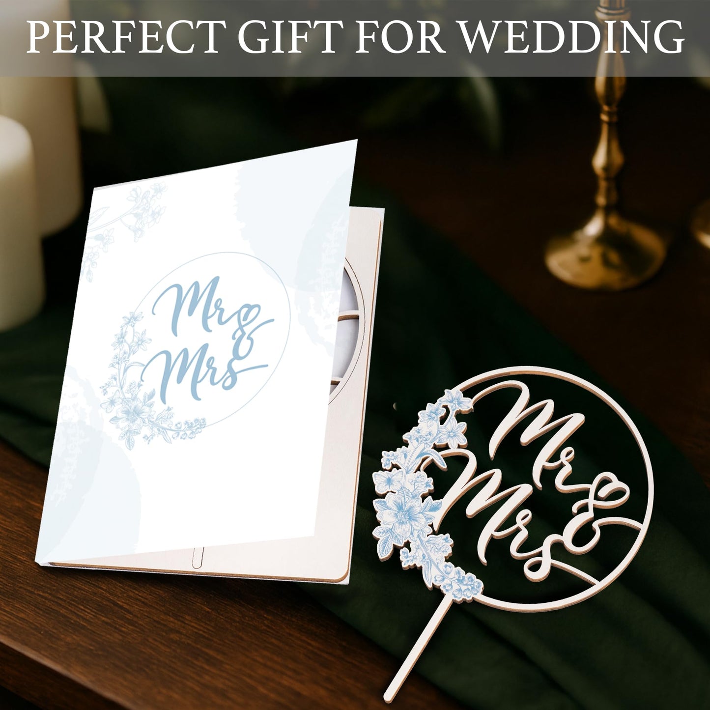 Mr & Mrs Cake Topper Greeny Wedding Cake Topper In Wood, Newly Wed Cake Toppers, Wedding Cake Toppers Bride And Groom, Toile De Jouy Decorations, Something Blues Gifts (Toile De Jouy)