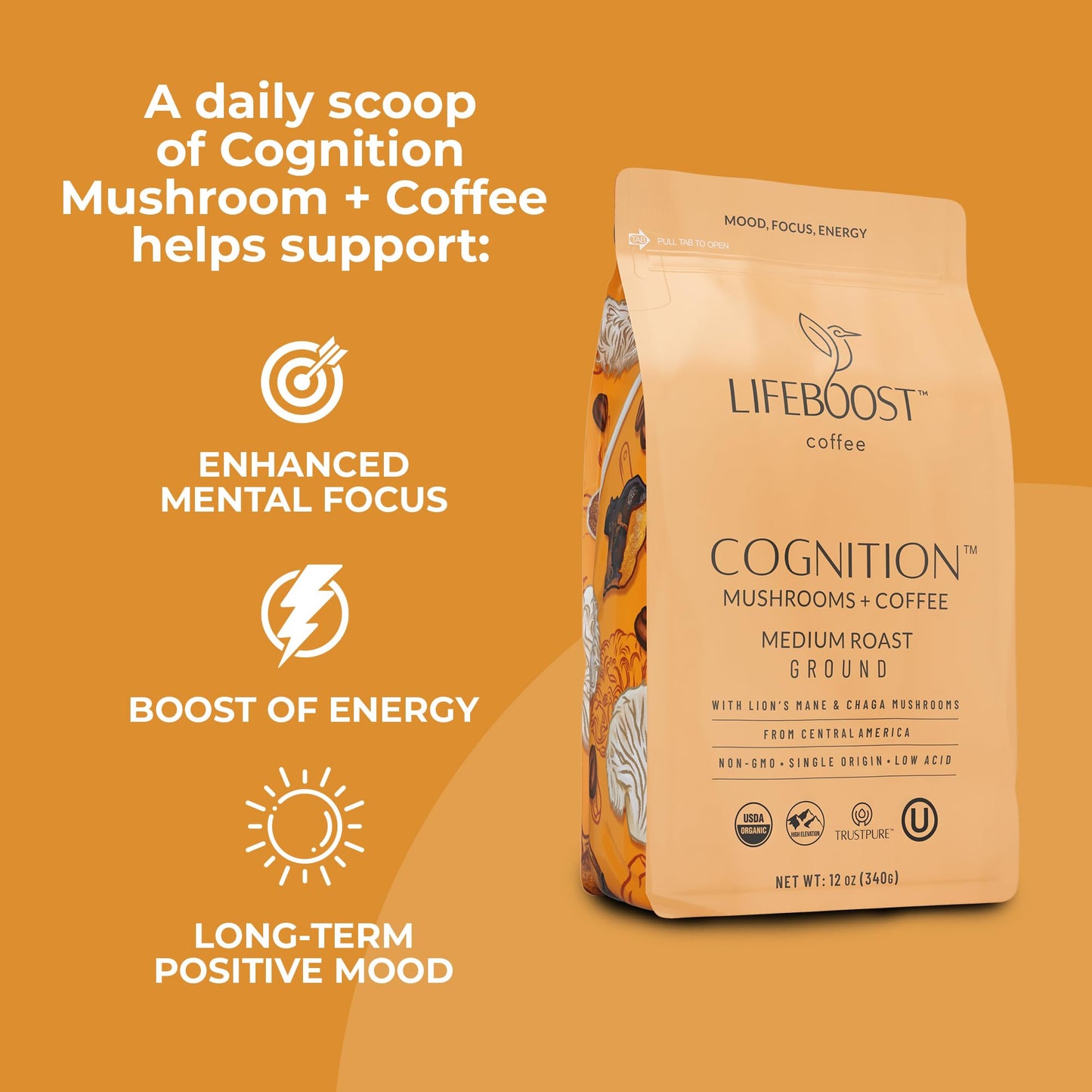 Lifeboost Cognition Adaptogenic Mushroom Coffee - Lions Mane & Chaga Nootropic Coffee - Great Tasting Medium Organic Coffee - Increase Energy, Boost Focus & Immune Support - 12 Oz Bag - Ground