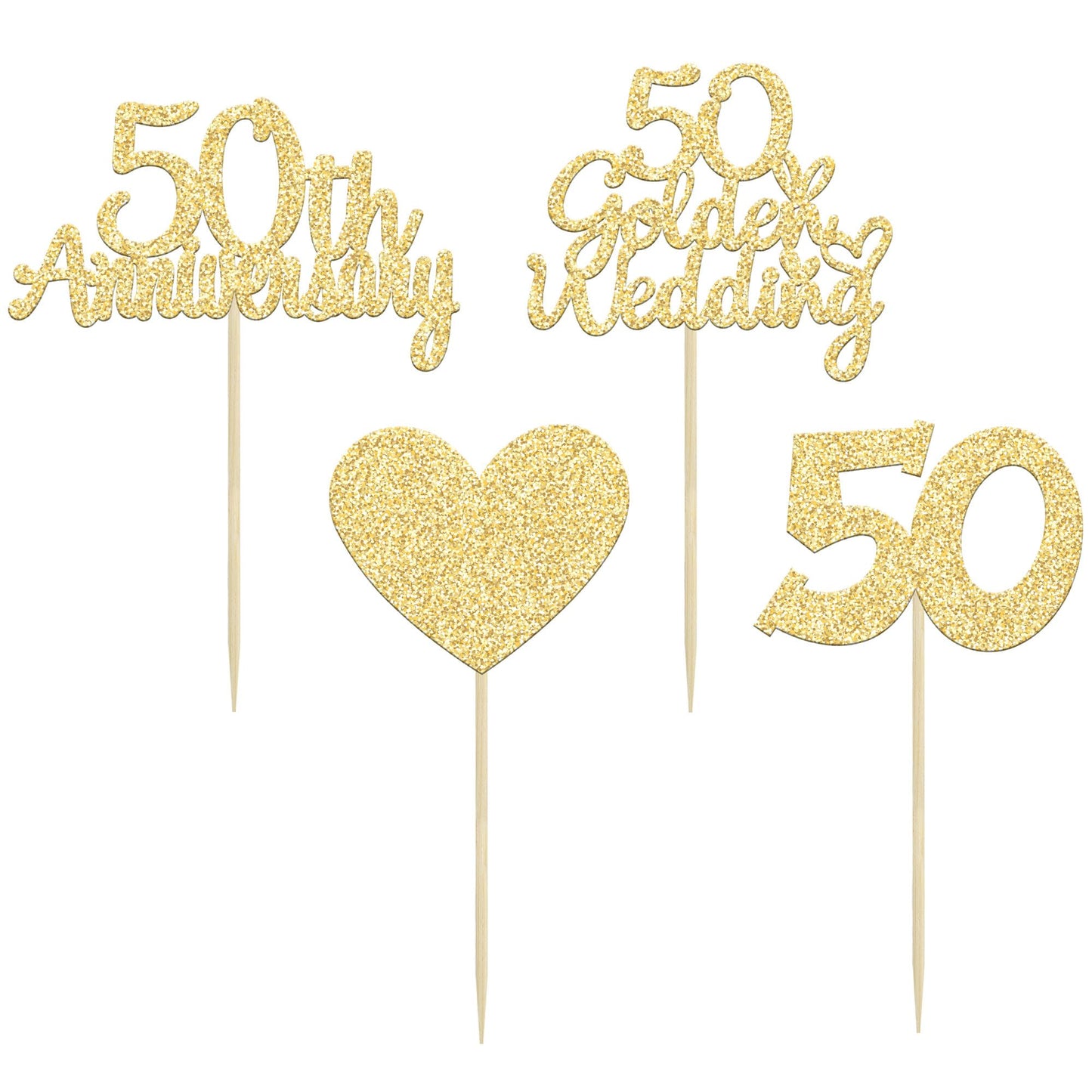 Gyufise 24Pcs 50Th Wedding Anniversary Cupcake Toppers Gold Glitter 50Th Golden Wedding Anniversary Heart Cake Decoration For Ce