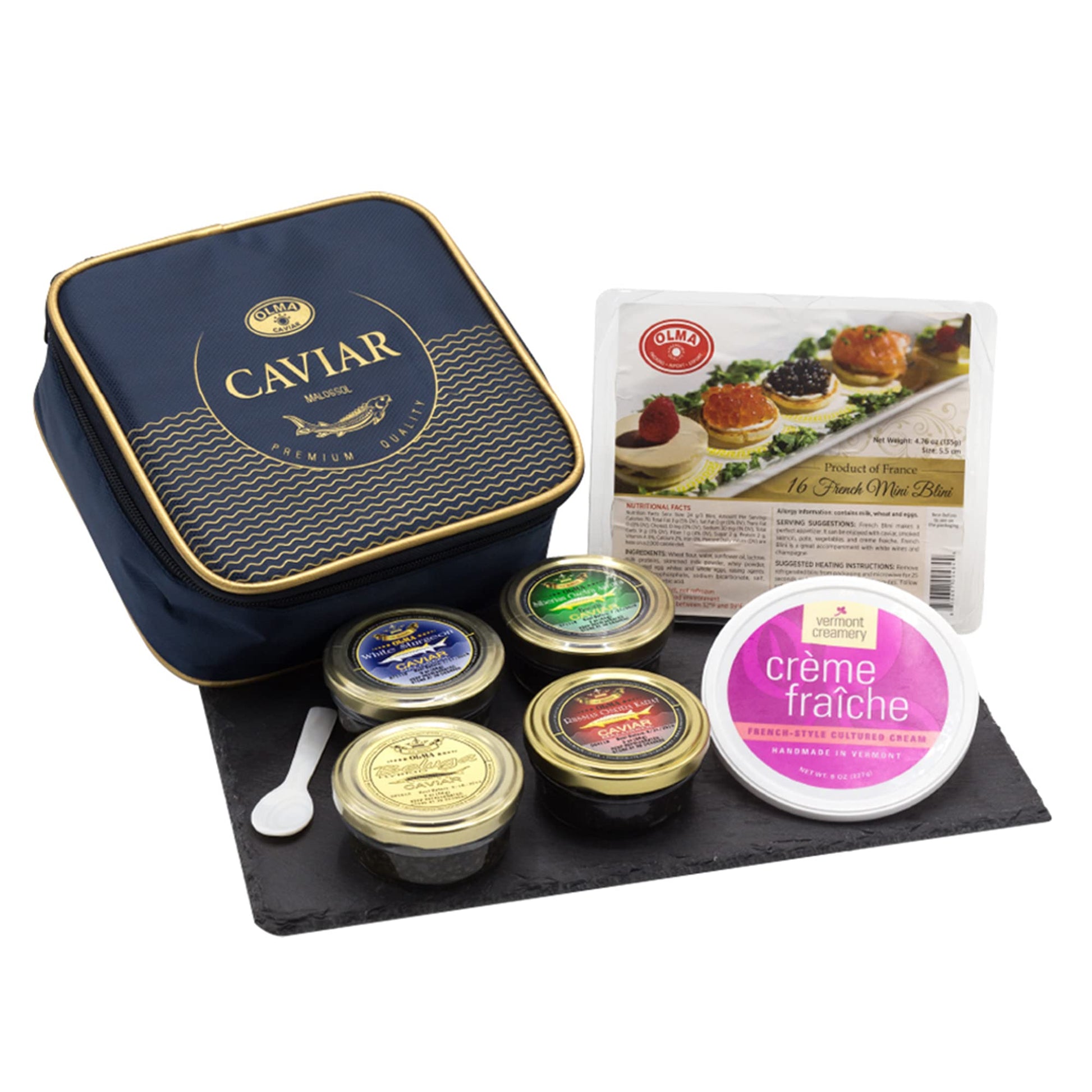 OLMA Supreme Caviar Gift Set - 8 oz (224g) of Caviar, Includes Beluga, Osetra, White Sturgeon, Siberian Osetra Aurora, Serving S