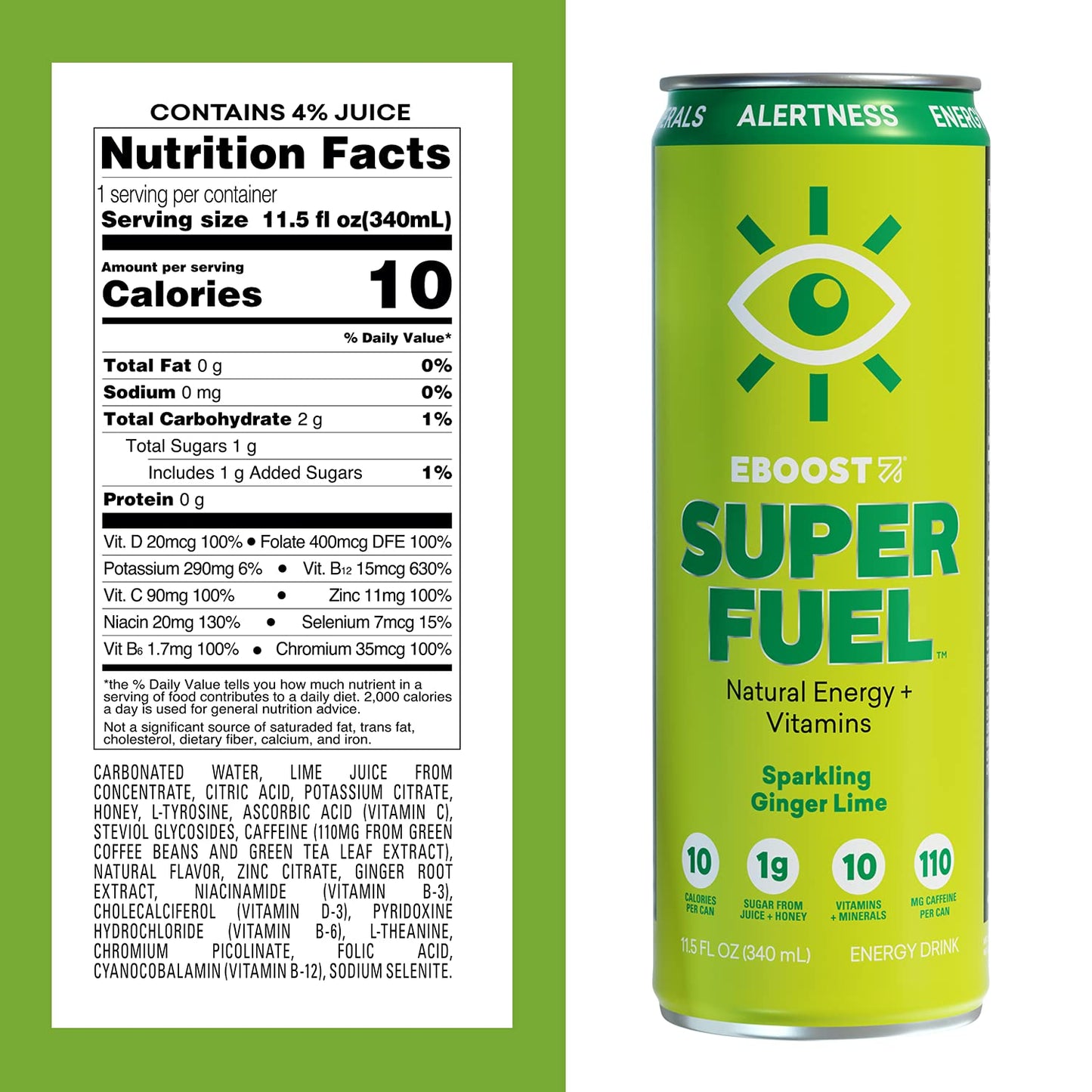 Eboost Super Fuel Healthy Energy Drink - Caffeine From Natural & Clean Ingredients For Focus And Productivity -Taurine Free Pre-Workout With Electrolytes, Nootropic & Vitamins - Ginger Lime, 12 Pack