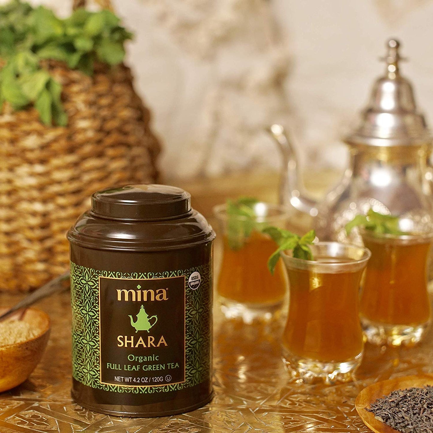 Mina Shara Organic Full Leaf Green Tea In Reusable Tin, 4.2 Oz - Moroccan Loose Leaf Green Tea, For Refreshing Moroccan Mint Green Tea, Moroccan Mint Tea Ceremony