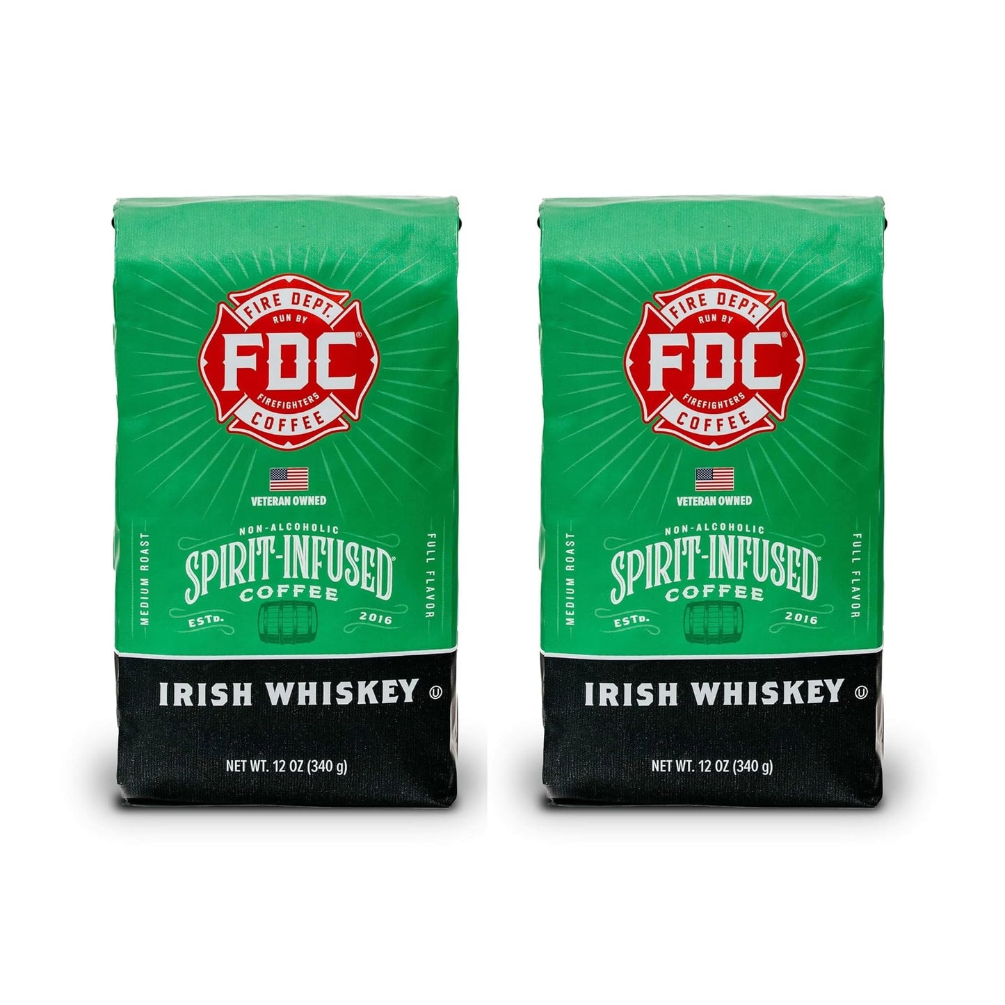 Fire Department Coffee Irish Whiskey Infused Ground Coffee, Medium Roast, 12 oz, Pack of 2, Non-Alcoholic, Roasted in the USA