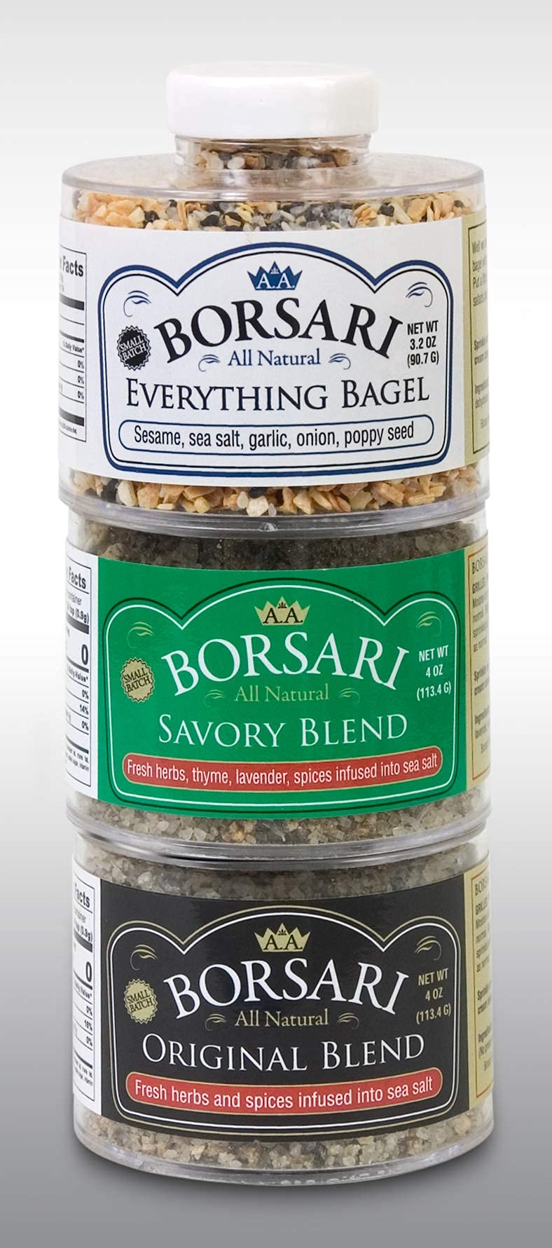 Borsari Seasoned Salt Gift Set - Gluten Free All Purpose Savory, Everything Bagel, and Original Seasonings - Gourmet Sea Salt Bl
