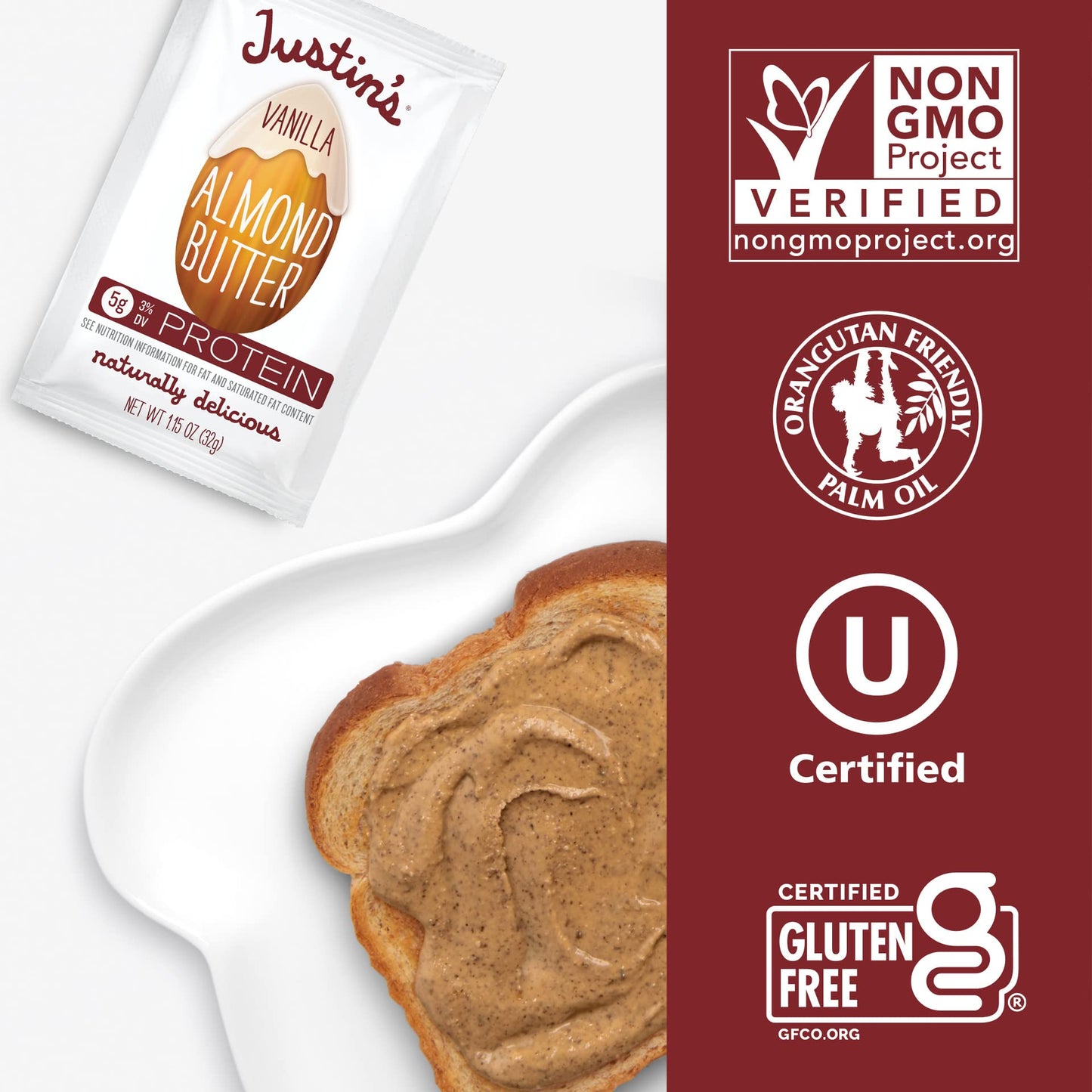 Justins Gluten-Free Vanilla Almond Butter Squeeze Pack, 1.15 oz, Pack of 10