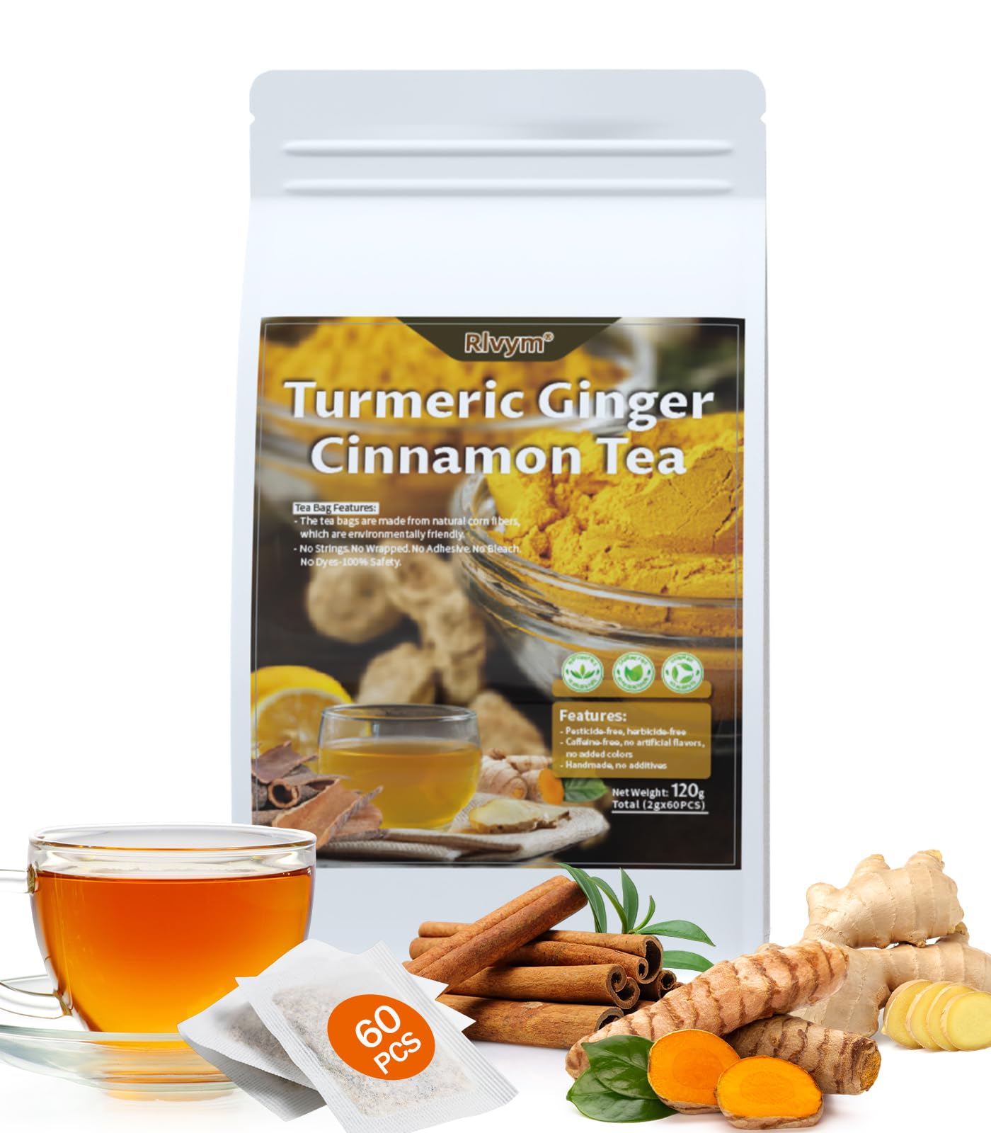 60Pcs Turmeric Flavor Blendger Cinnamon Tea  Natural Turmeric Herbal Tea  Improve Digestion  Support Skin  Sleep  Eco-Conscious Teabags  No Sugar  No Energy Blend  No Gluten
