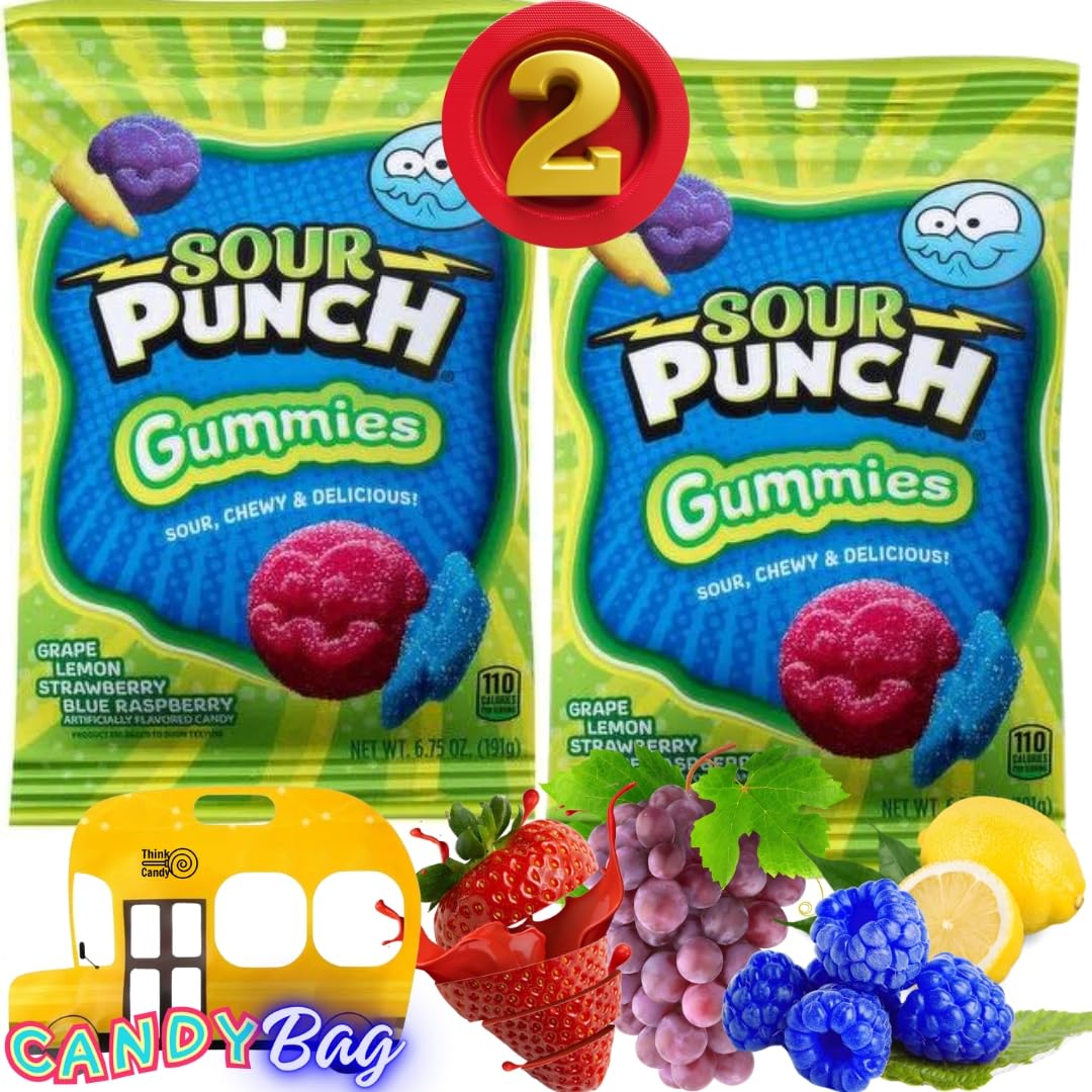 Think Candy Sour Punch Gummies - Pack of 2 - Blue Raspberry, Strawberry, Grape, Lemon - 6.75oz Each - Chewy & Sour Candy