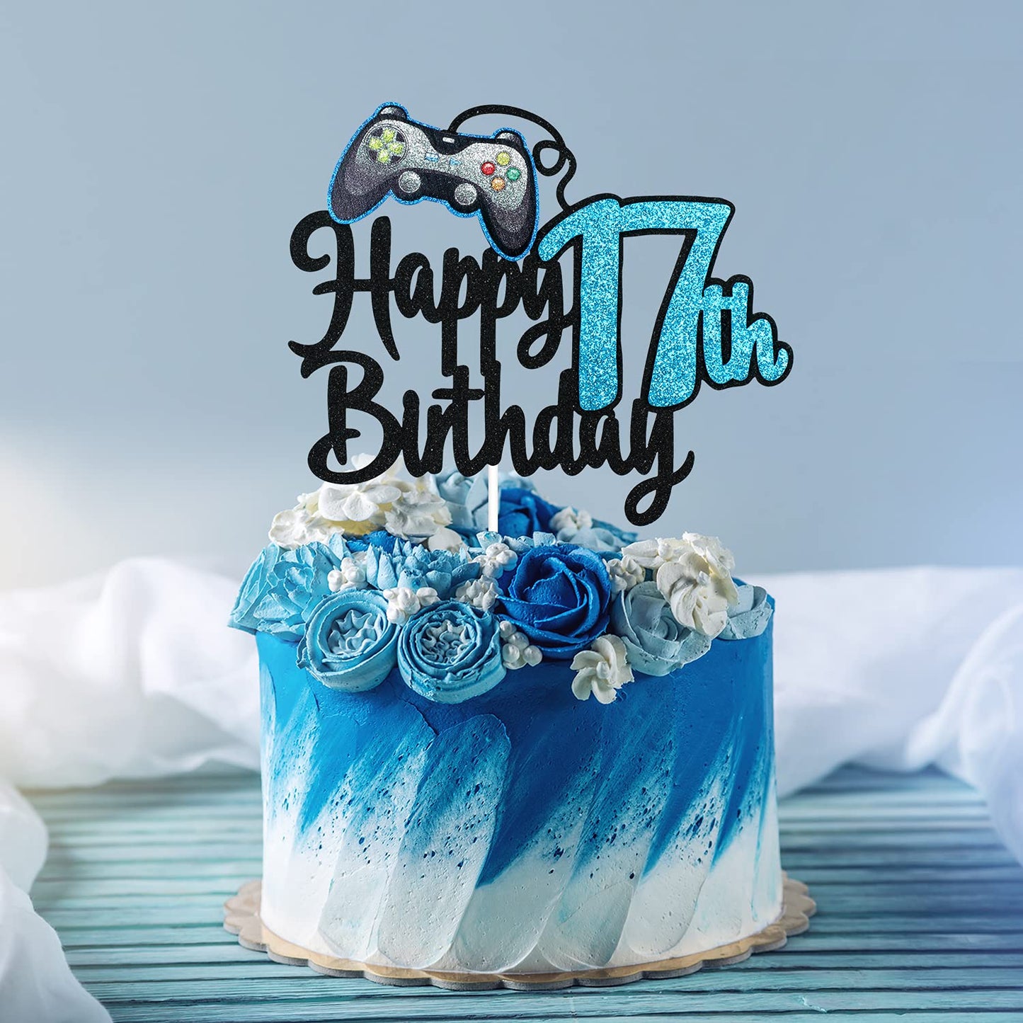 Video Game Happy 17Th Birthday Cake Topper - Video Game Boy'S 17Th Birthday Party Blue Cake Supplies - Game On Level Up Winner P