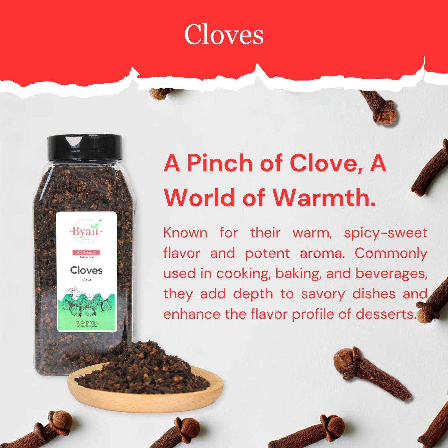 Byait Whole Cloves 13 Oz, Premium Clove Spice For Cooking, Baking, Clove Tea, Potpourri, Food Aromatic, Richly Flavored Spice