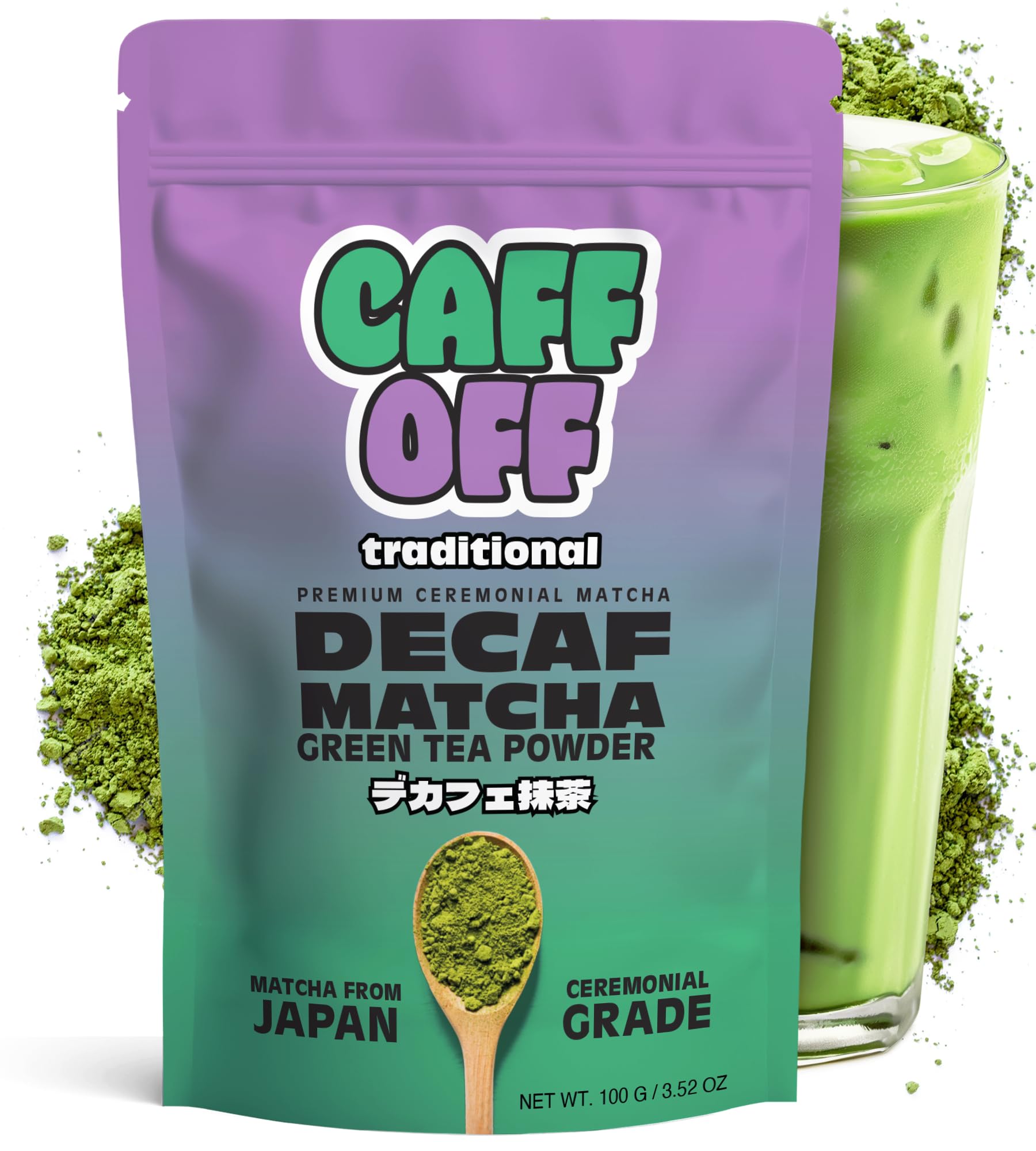 Caff Off Decaf Matcha Green Tea Powder - Ceremonial Grade, Naturally Decaffeinated, 3.52 oz