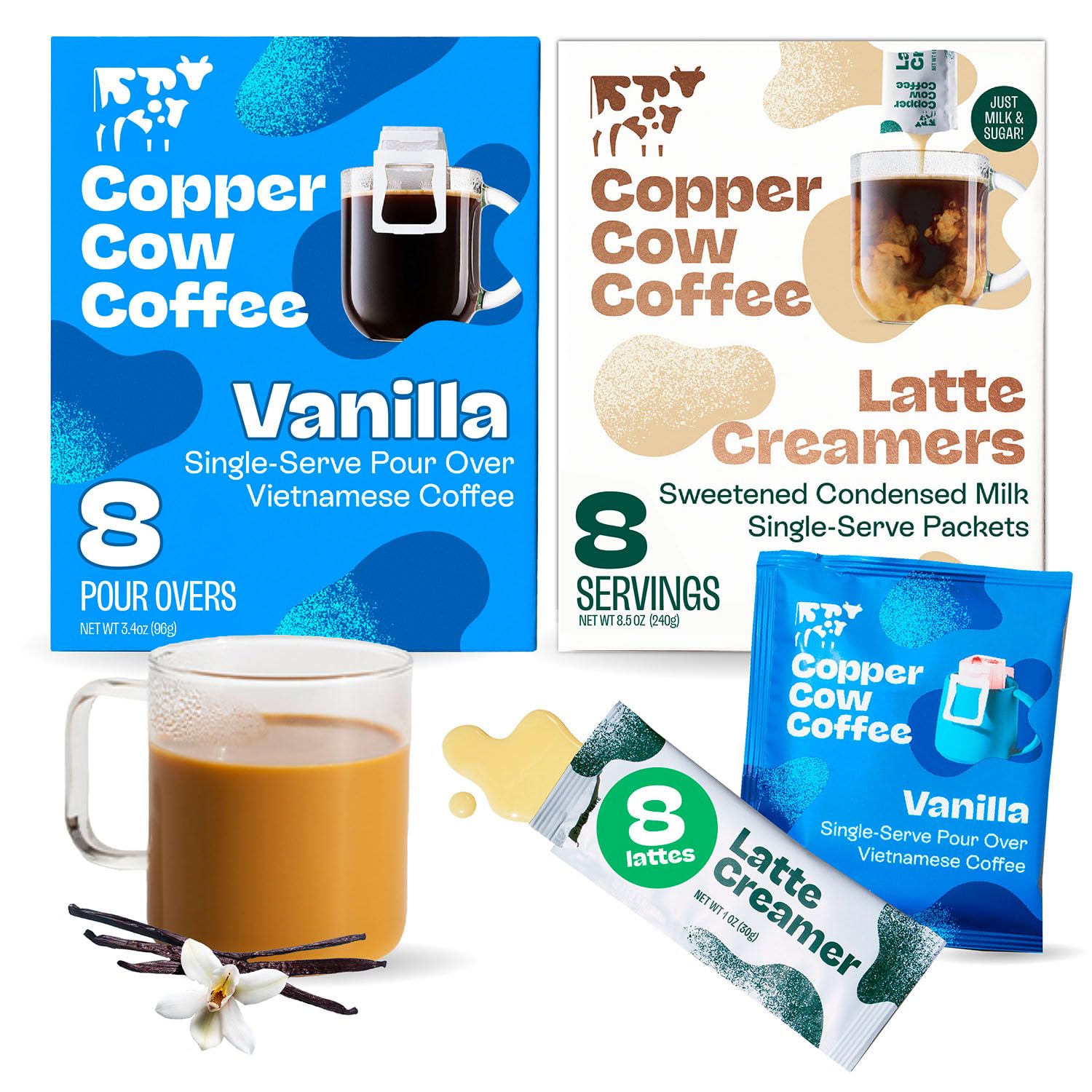 Copper Cow Coffee Premium Vietnamese Coffee - 16 Piece Set with 8 Vanilla Coffees & 8 Sweetened Condensed Milk Creamers