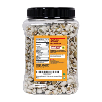 Besway Wasabi Flavor Dry Roasted Edamame 20 Oz, High Protein Crunchy Snack, Non-Gmo, Vegan, Gluten-Free, Transparent Plastic Jar