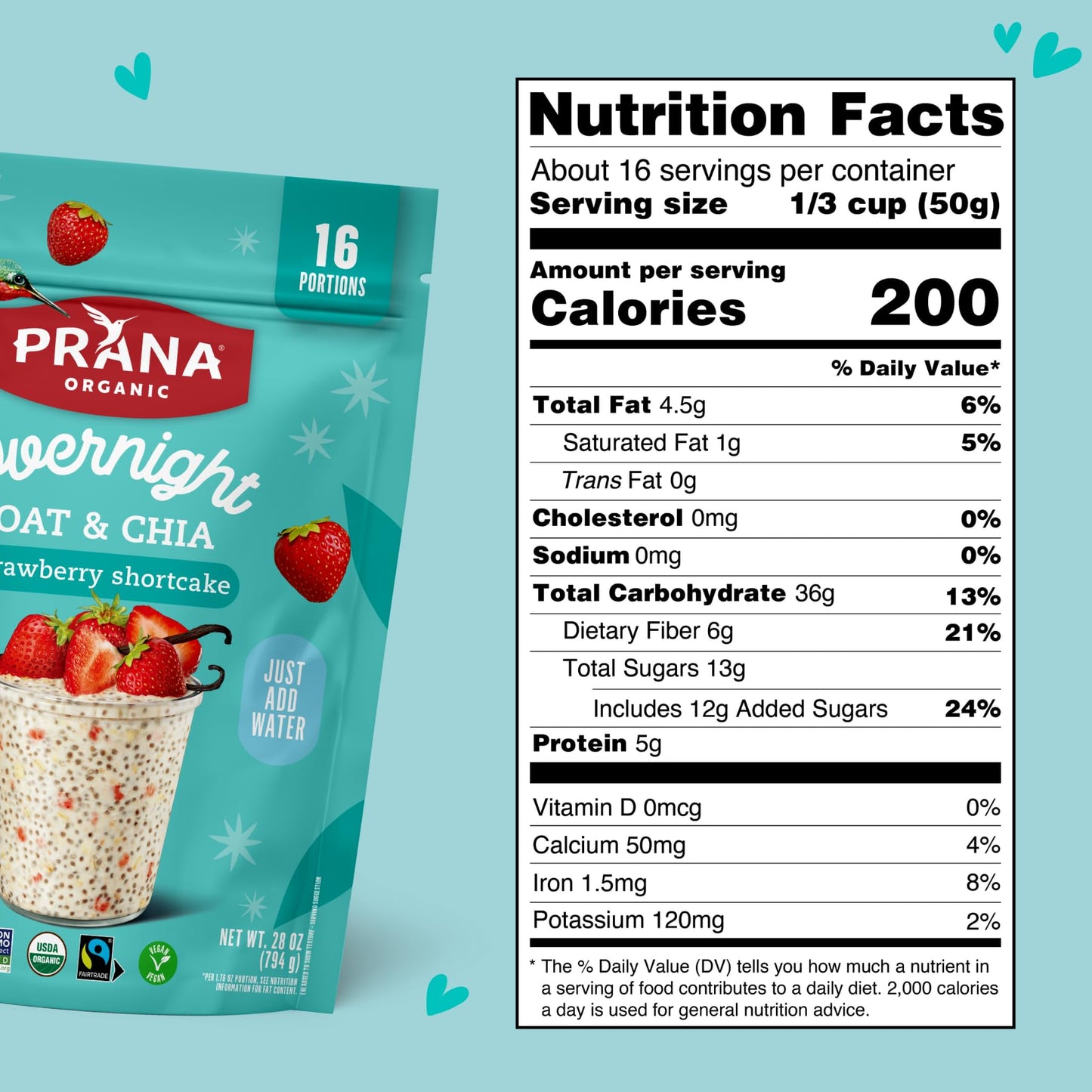 Prana Organic Overnight Chia with Oats Strawberry Shortcake | 28 oz Bags - 2 Pack | Rich in Fiber & Protein, Vegan, Non-GMO | Re