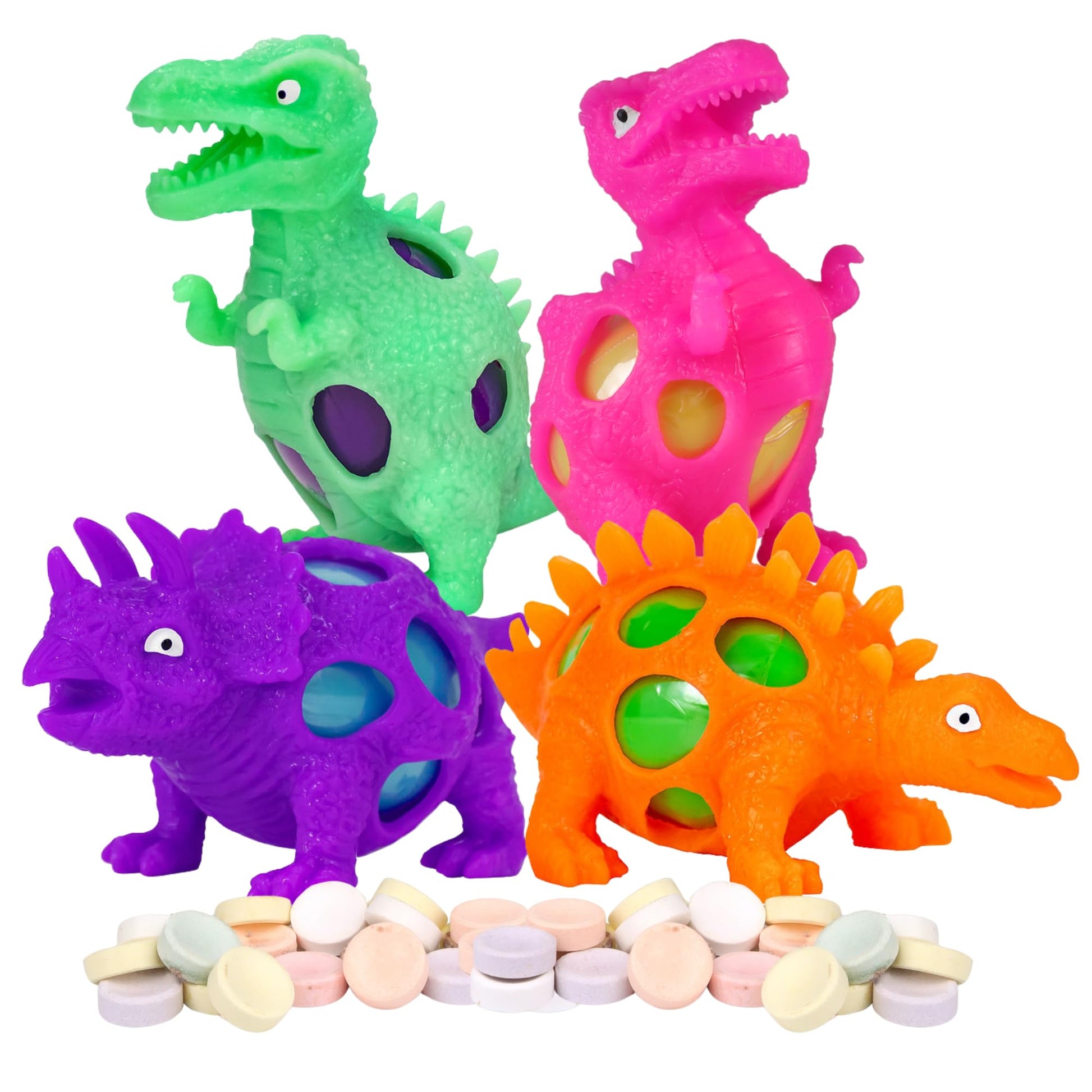 Rubber Dinosaur Easter Eggs, Prefilled with Hard Candies, Basket Stuffer Gifts, Color May Vary (Pack of 4)