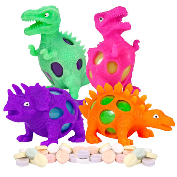 Rubber Dinosaur Easter Eggs, Prefilled with Hard Candies, Basket Stuffer Gifts, Color May Vary (Pack of 4)