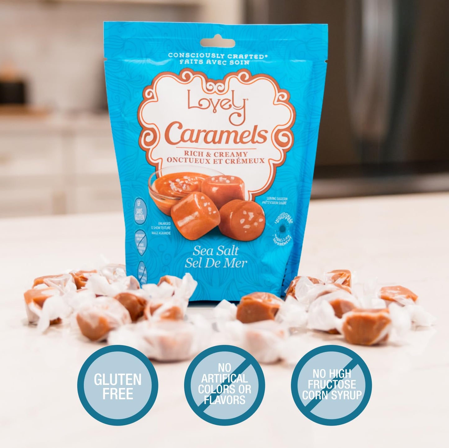 Lovely Candy Co. Soft And Chewy Sea Salt Caramels, Individually Wrapped, 6Oz (6-Pack), Gluten-Free, Non-Gmo, No High Fructose Co