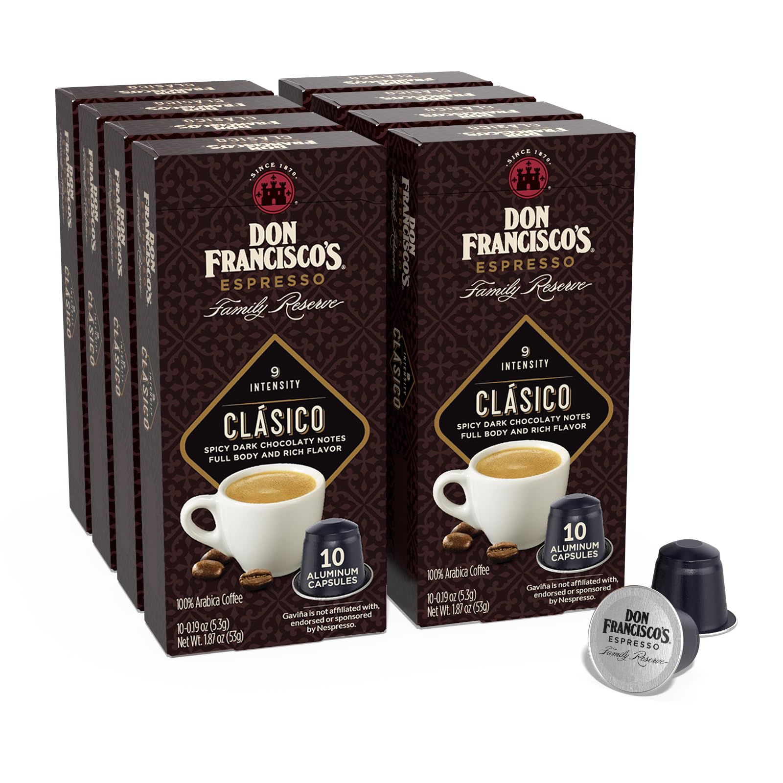 Don Franciscos Espresso Pods - 80 Recyclable Aluminum Capsules, Dark Roast, Intensity 9, Compatible with Nespresso, Coffee, 10 Count (Pack of 8)