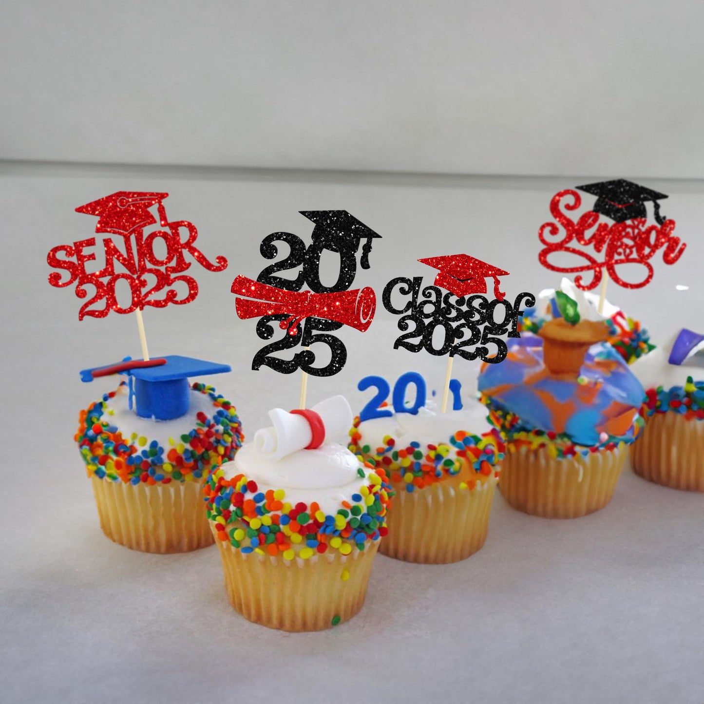 Gyufise Graduation Cupcake Toppers, 24Pcs Glitter Picks for Class of 2025, Red Paper Decorations