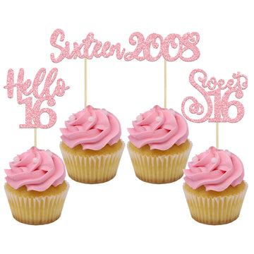 Gyufise 24Pcs Happy 16Th Birthday Cupcake Toppers Glitter Hello 16 Sweet 16 Sixteen Years Old Cupcake Picks For Celebrating 16Th