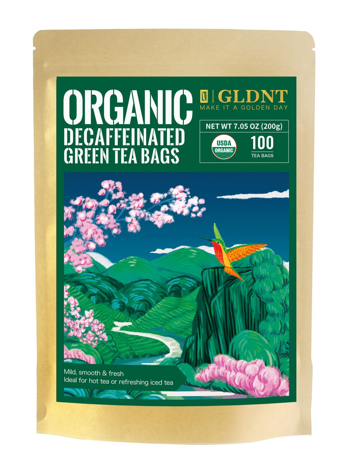 GLDNT Organic Decaf Green Tea Bags  Organic Green Tea Decaffeinated  Smooth Flavor  Super Antioxidant  Iced & Hot Tea  100 Count