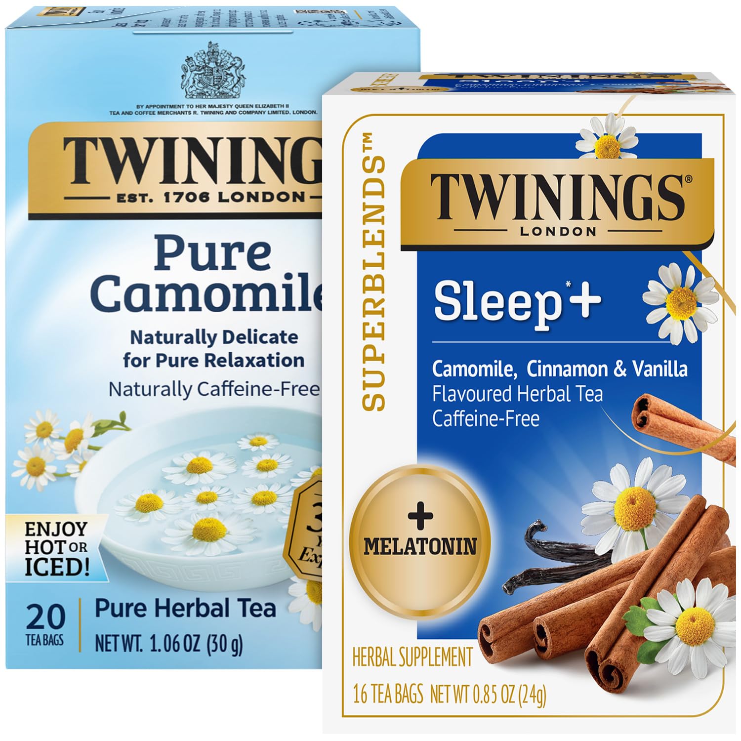 Twinings Bedtime Tea Variety Pack - Pure Camomile & Superblends with Melatonin, Naturally Caffeine-Free, 2-Pack Teabags