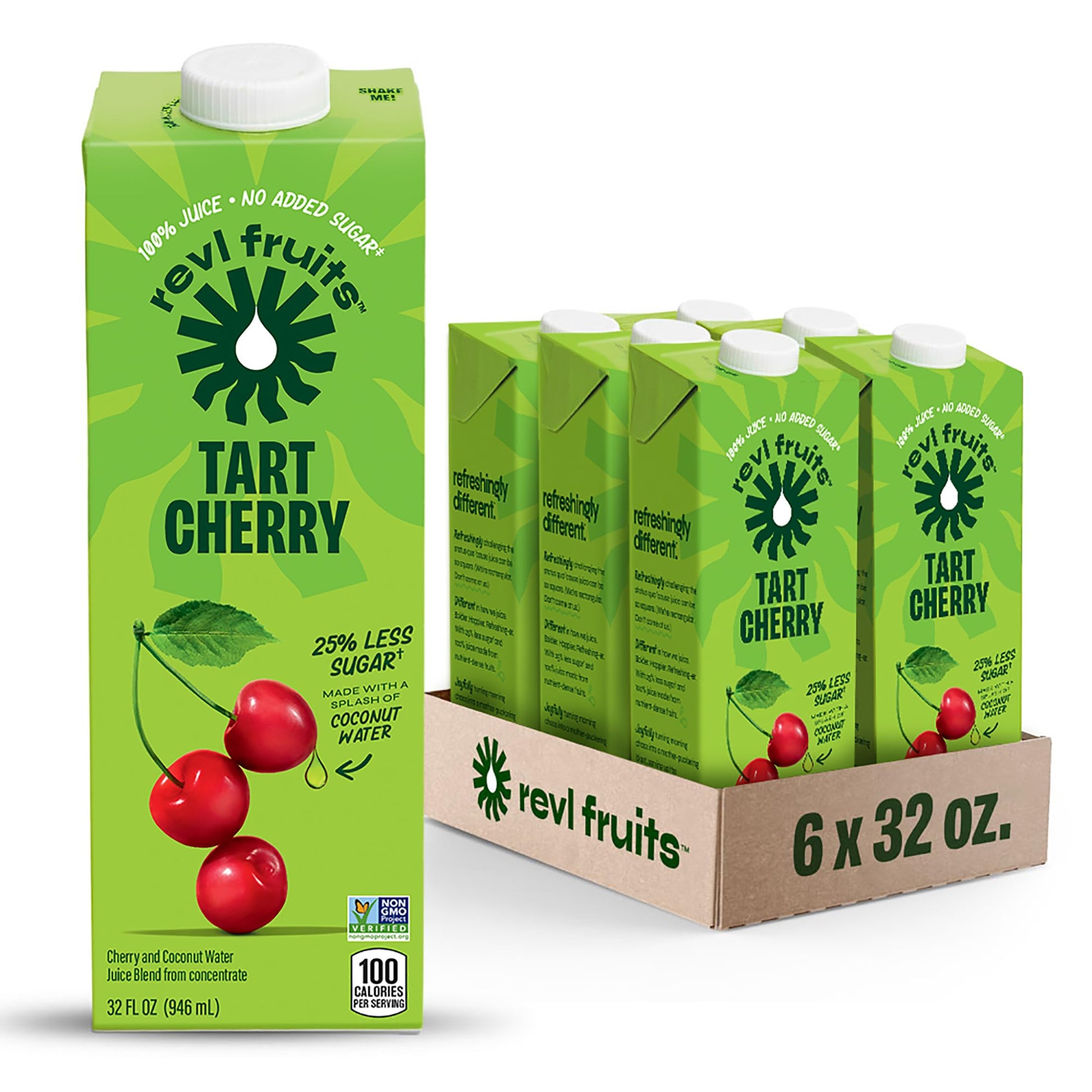 Revl Fruits 100% Juice, No Added Sugar, Tart Cherry, 32 Fl Oz. Carton (Pack Of 6)