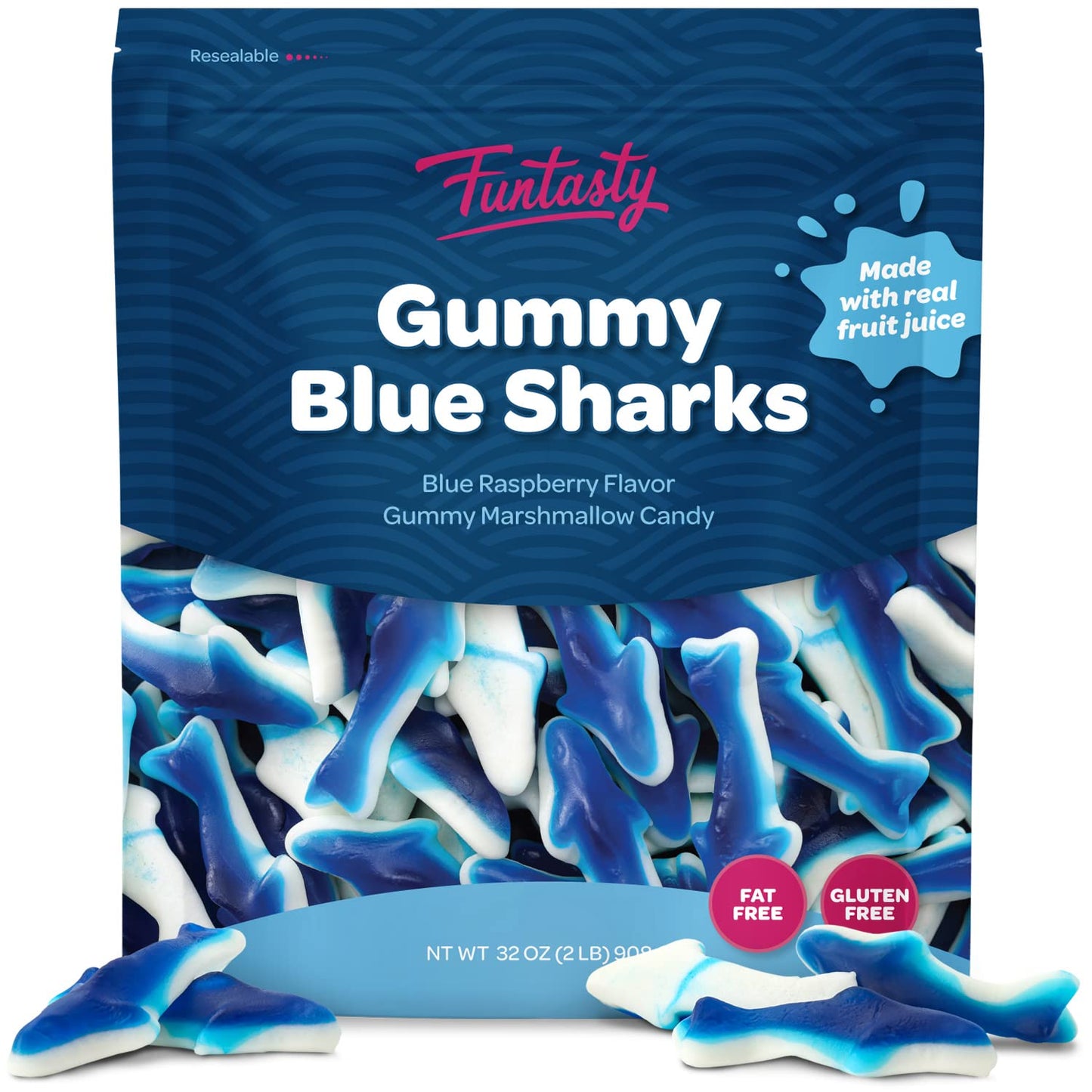 Blue Sharks Gummy Candy, Blue Raspberry Marshmallow Flavor, 2-Pound Pack