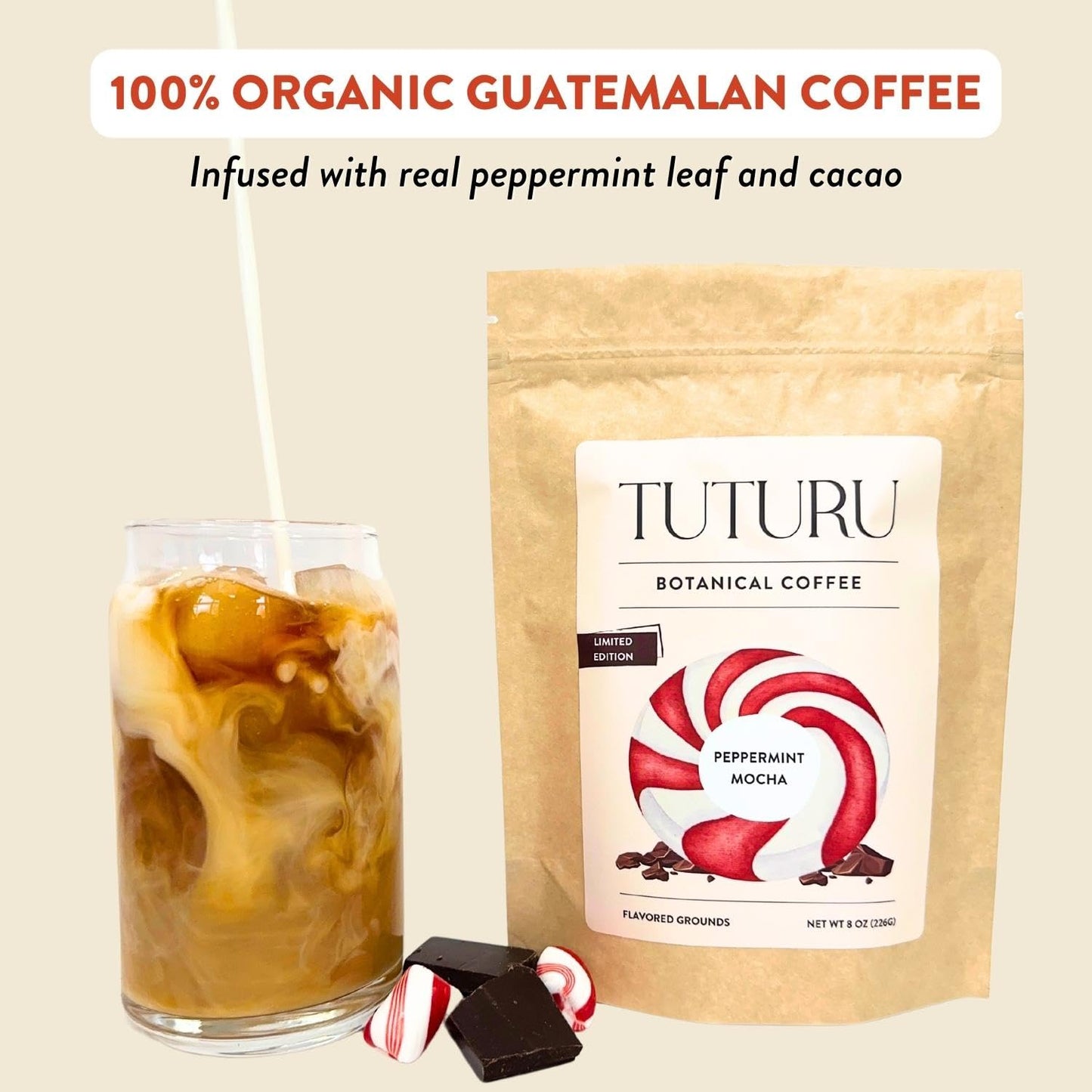 TUTURU Botanical Coffee Organic Peppermint Mocha Ground Coffee, Medium Roast, 8 oz, Smooth Low-Acid, Perfect for Drip or Cold Brew