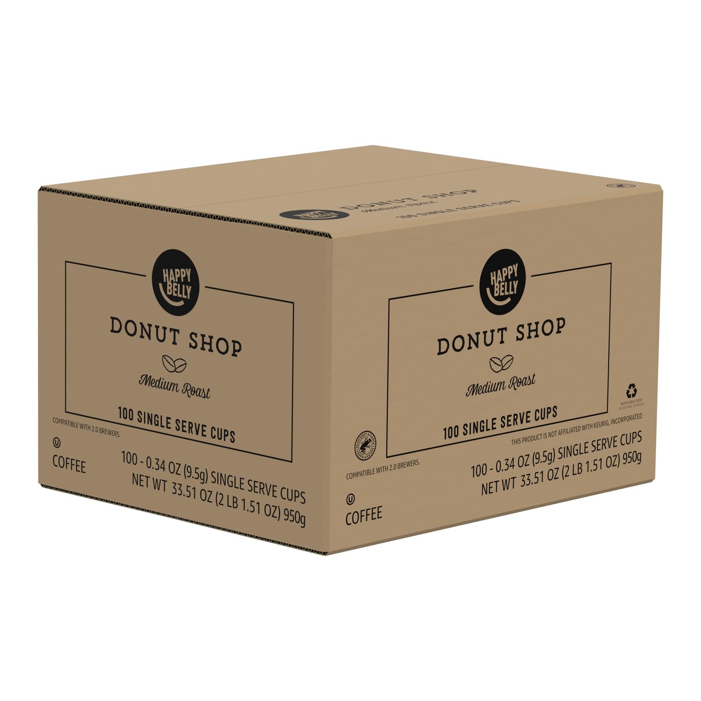 Happy Belly Medium Roast Coffee Pods, Donut Style, 100 Count, Compatible with Keurig 2.0 K-Cup Brewers