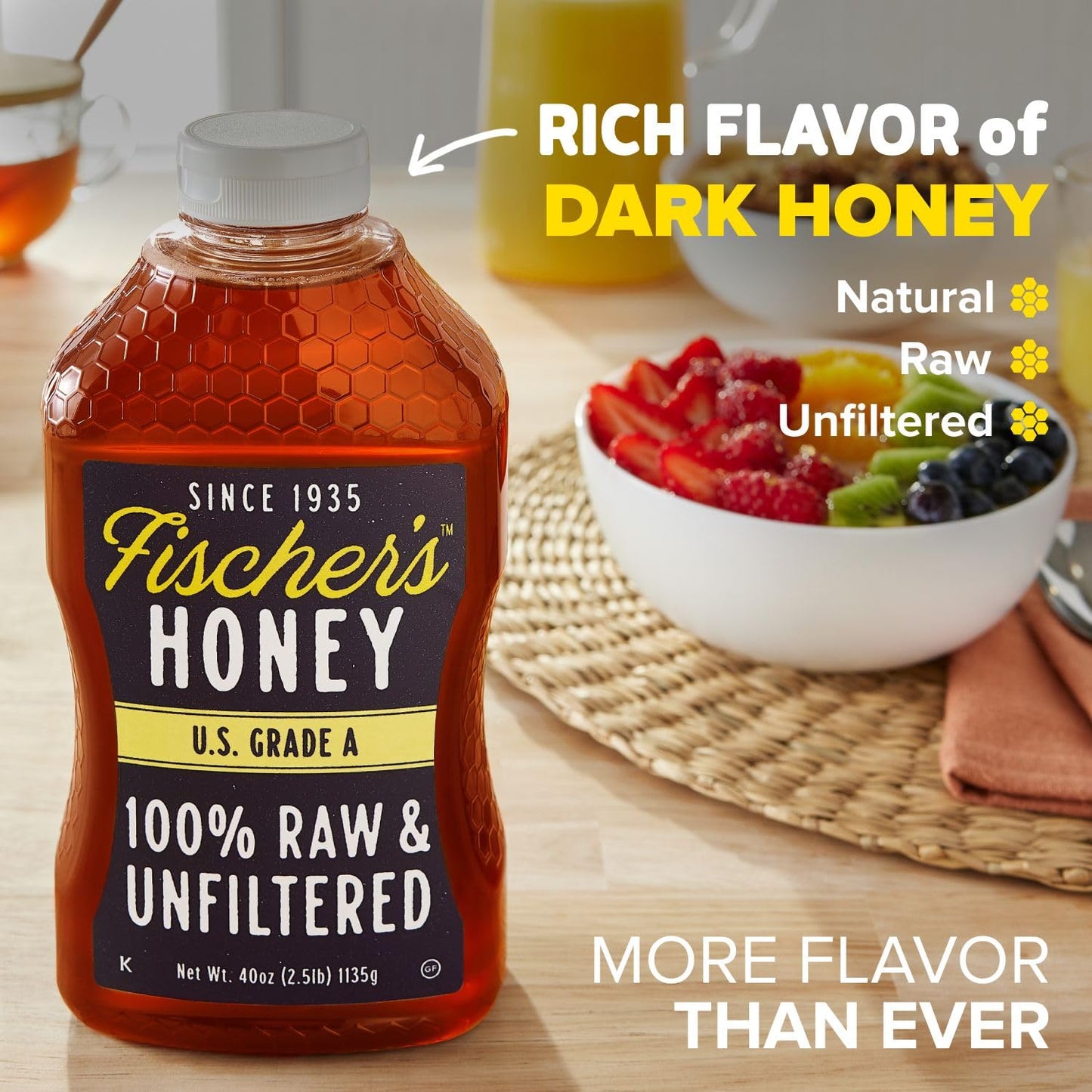 Fischers 100% Pure Raw Unfiltered Honey - All-Natural Sweetener, 40 oz