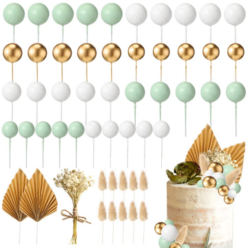 53 Pcs Boho Cake Topper Mini Balls Cake Toppers Foam Balloon Cake Toppers Palm Leaves Artificial Dried Flower Cake Toppers For B
