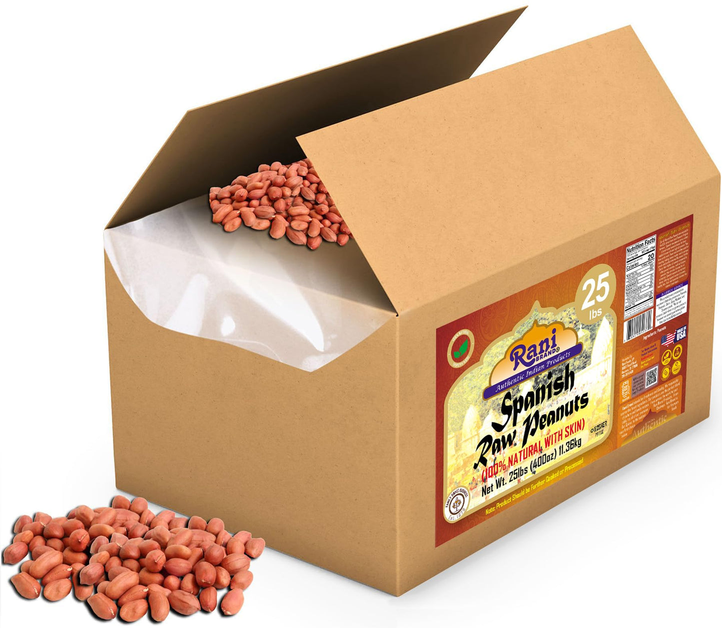 Rani Raw Spanish Peanuts 100% Natural With Skin (Uncooked, Unsalted) 25Lbs (400Oz) 11.36Kg Bulk Box ~ Vegan | Gluten Friendly |