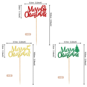 36 Pcs Merry Christmas Cupcake Toppers - Christmas Tree Cane Deer Glitter Cupcake Picks Decorations For Xmas New Year Holiday Party Supplies - Mixed Colors