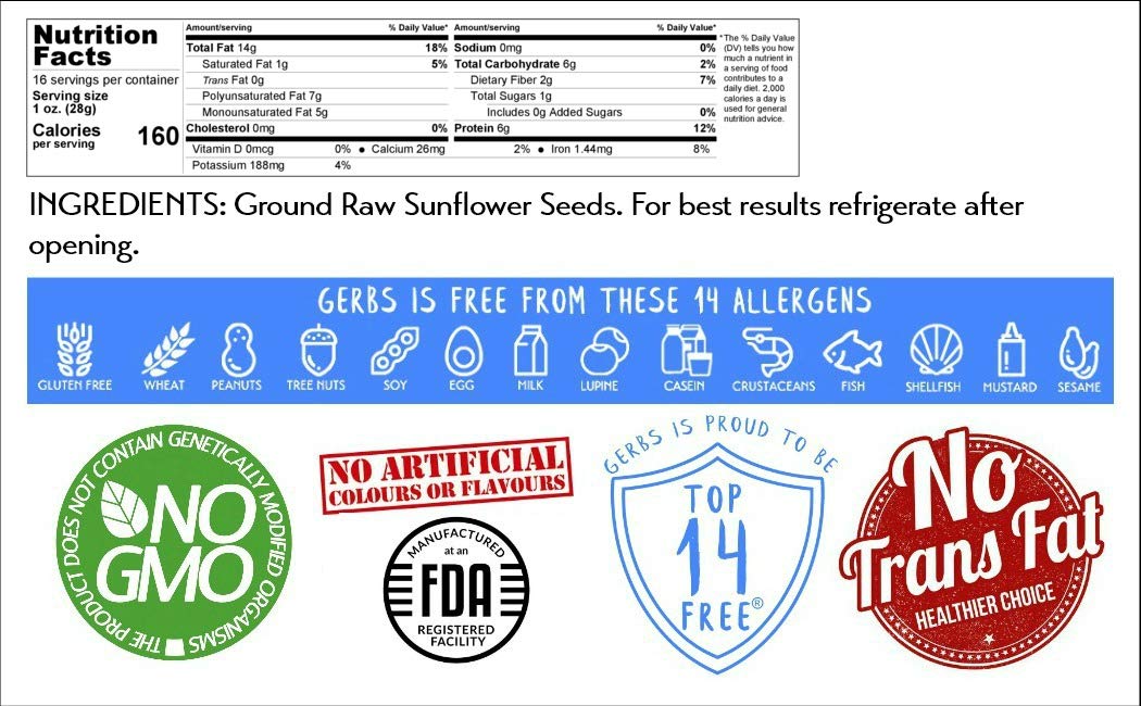 Ground Sunflower Seed Meal, 1 LB By Gerbs - Top 14 Food Allergy Free & NON GMO - Vegan & Keto Safe - Cold Milled Full Oil Seed P