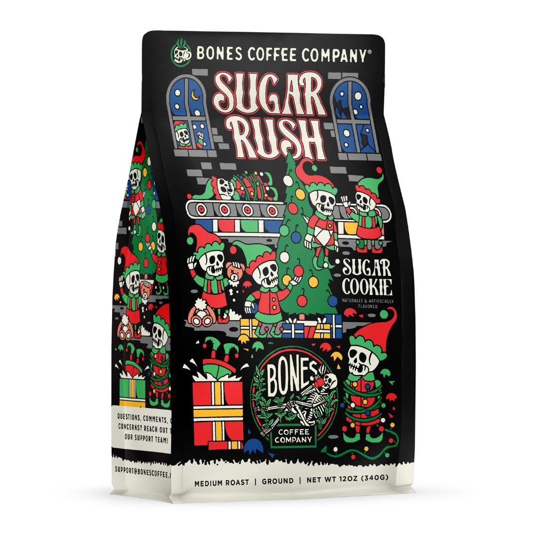 Bones Coffee Company Sugar Rush  Sugar Cookies Flavored Coffee  Medium Roast Low Acid Arabica Beans Compatible with Auto drip and French Press Coffee Maker  12 Oz Ground