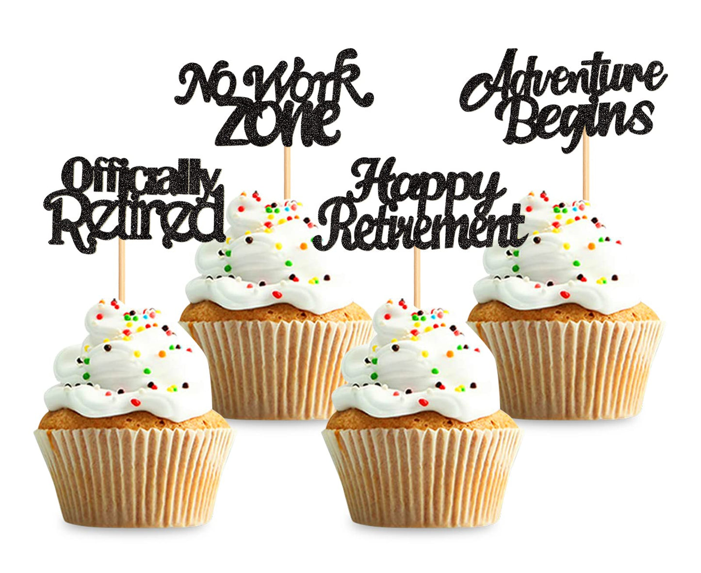 Keaziu 24PCS Cupcake Toppers, Retirement Theme, Black Paper Picks, Farewell Party Decorations