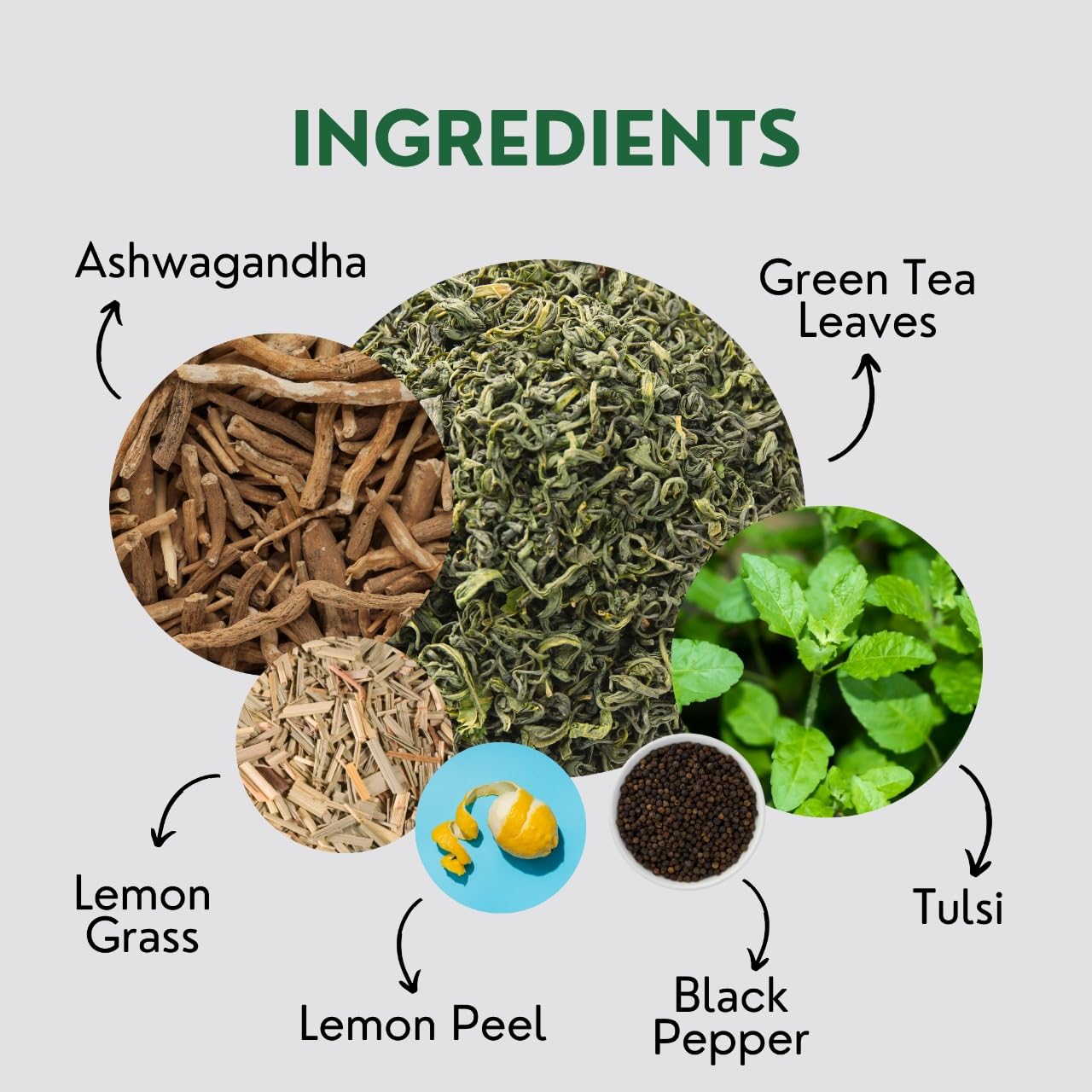 Tulsi Ashwagandha Green Tea Bags (50 Count), Green Tea With Tulsi, Ashwagandha, Lemongrass And Black Pepper, Caffeinated, Real A