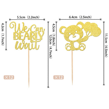 24 Pcs We Can Bearly Wait Cupcake Toppers Glitter Balloon Bear Cupcake Picks For Gender Reveal Baby Bear Theme Baby Shower Kids