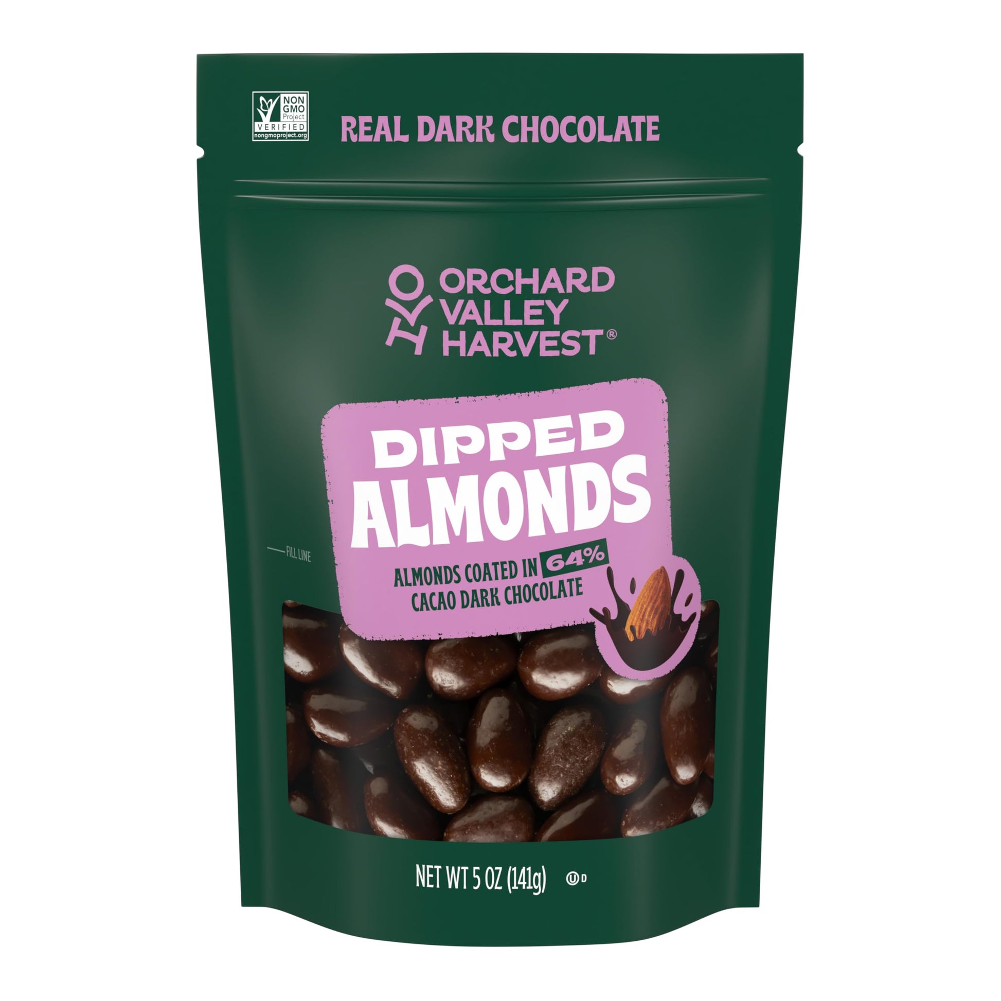Orchard Valley Harvest Dark Chocolate Dipped Whole California Almonds 5 oz (Pack of 1), Gluten Free, Non-GMO, Stand Up Bag, No A
