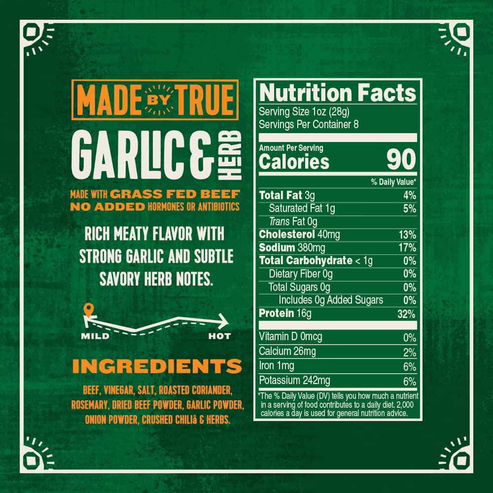 Made By True Garlic & Herb Biltong Slab - Grass-Fed Beef Whole Jerky Slab (8 Oz, Pack Of 1) - High-Protein Keto Snack, Natural,  -Free & Gluten-Free - Uncut Beef Jerky With Bold Garlic Flavor