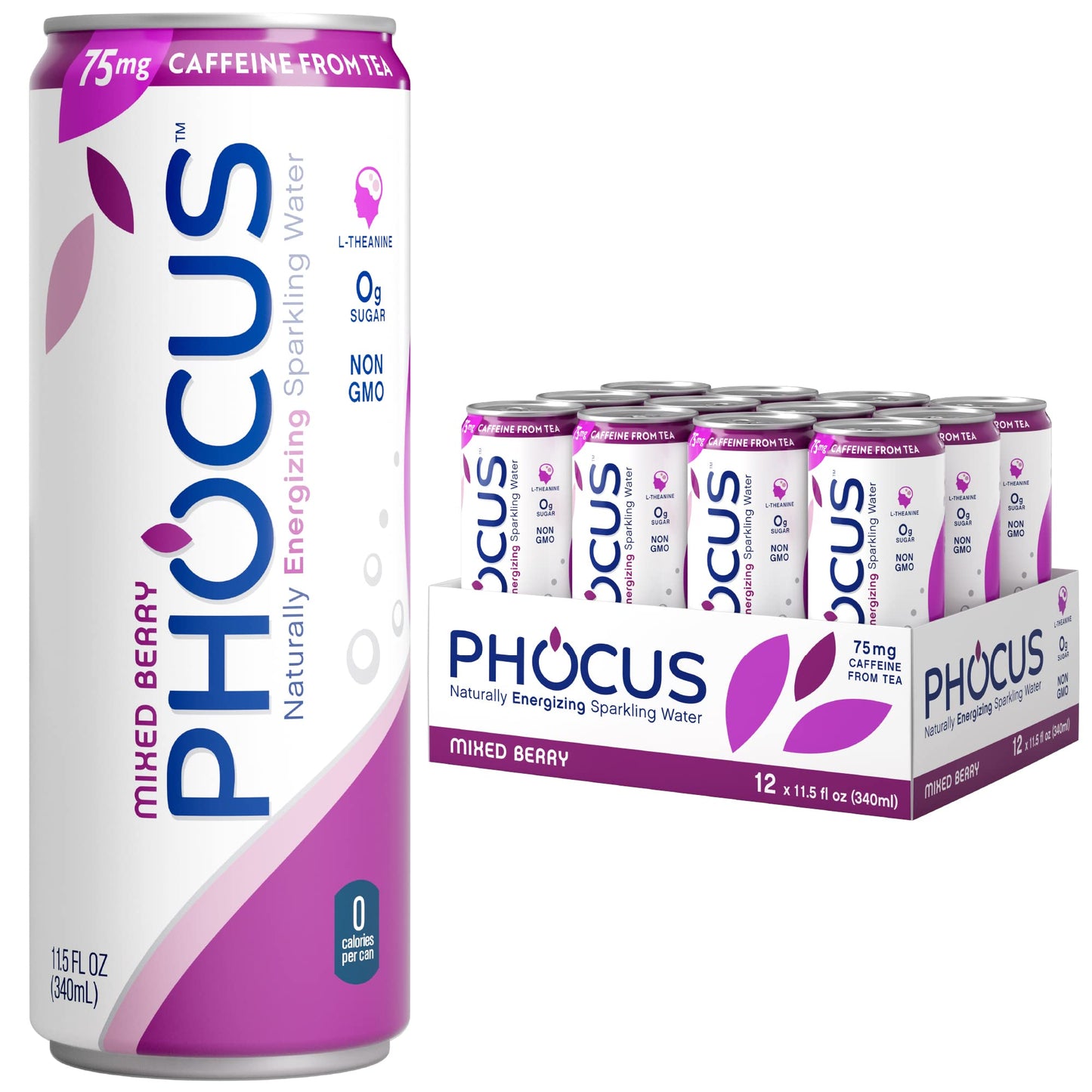 Phocus Caffeinated Sparkling Water - Mixed Berry - Clean Energy with Caffeine + L-Theanine - 0 Sugars  Calories or Carbs - Non GMO  Whole 30  Keto  Vegan  Kosher - 11.5 Fl Oz. (12 Pack)