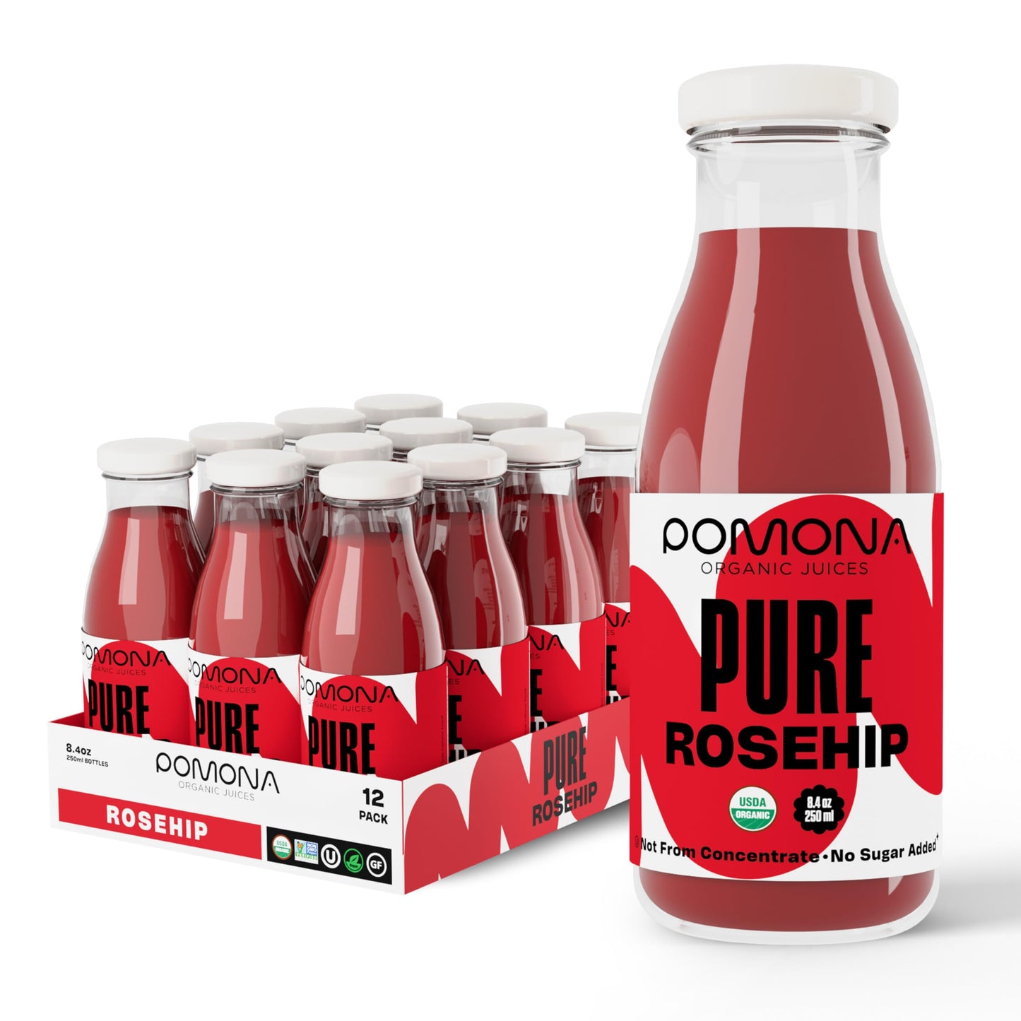 Pomona Organic Juices Pure Rosehip Juice  8.4 Ounce Bottle (Pack of 12)  Cold Pressed Organic Juice  Non-GMO  No Sugar Added  Not from Concentrate  Gluten Free  Kosher Certified  Preservative Free