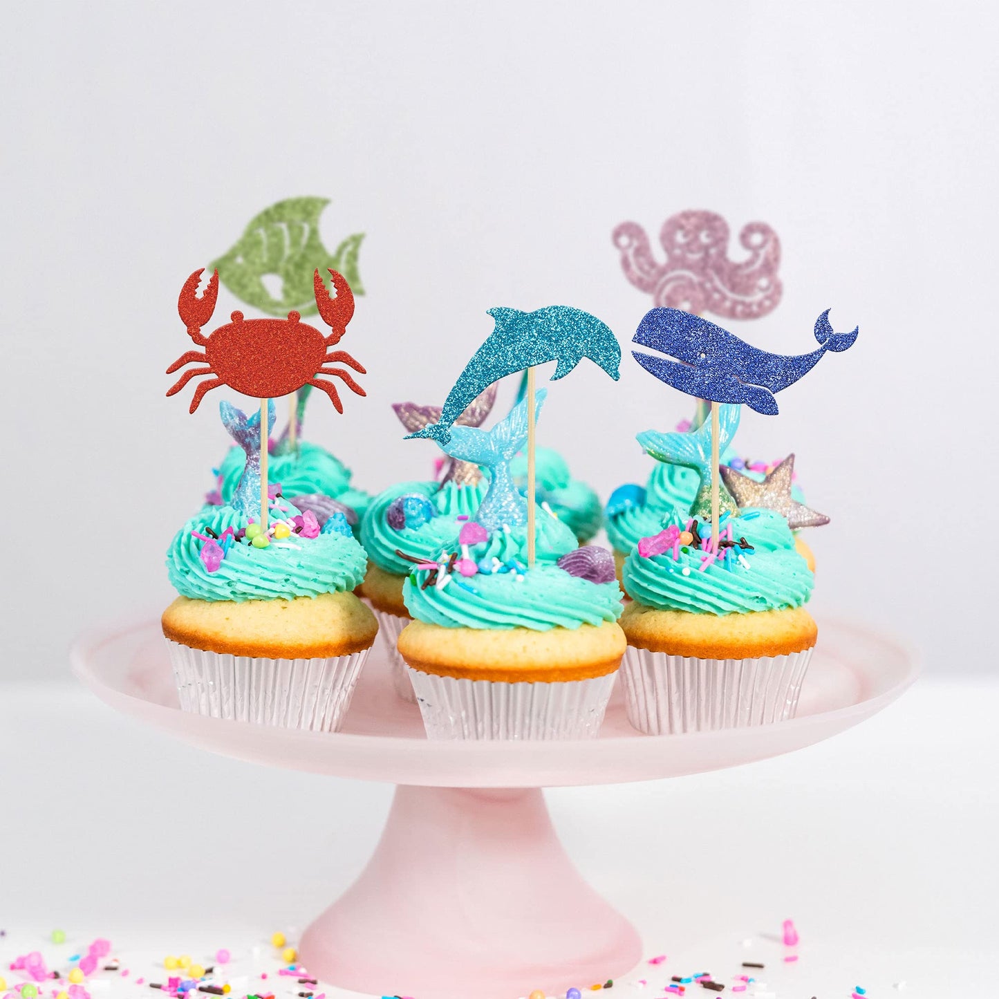 Gyufise 30 Pack Ocean Sea Animals Cupcake Toppers Dolphin Crab Whale Octopus Fish Cupcake Picks Baby Shower Under The Sea Animal